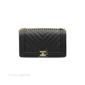 Chanel Chevron Medium Boy Black Grained Calfskin Gold Hardware