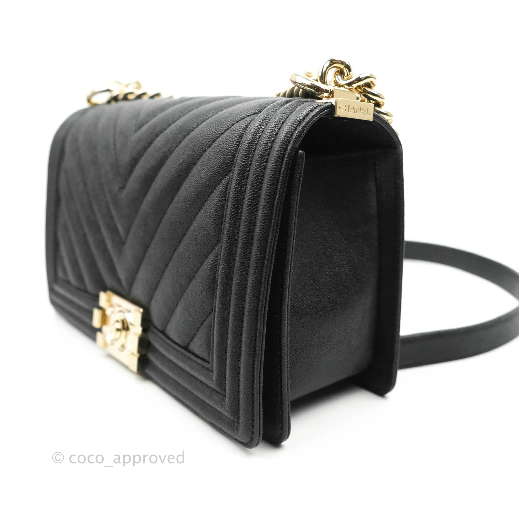 Chanel Chevron Medium Boy Black Grained Calfskin Gold Hardware