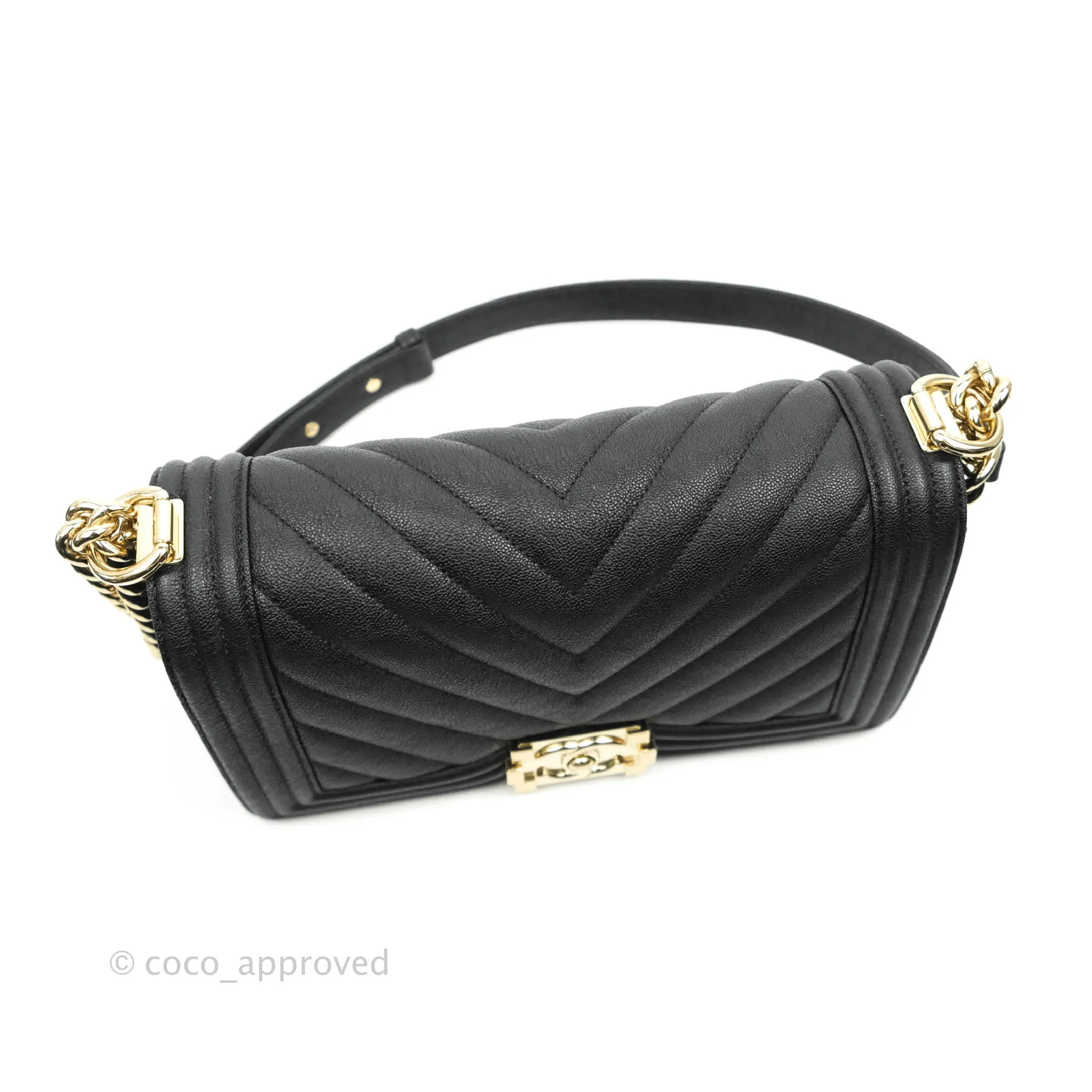 Chanel Chevron Medium Boy Black Grained Calfskin Gold Hardware