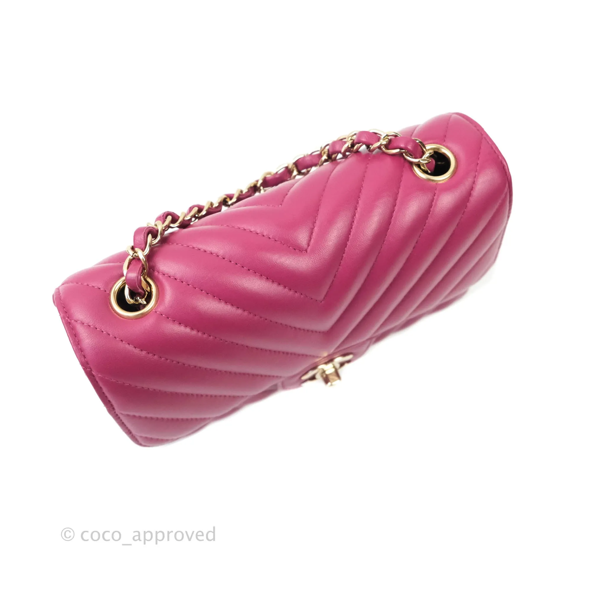 Chanel Chevron Mini Rectangular Lambskin Flap Bag Dark Pink Gold Hardware