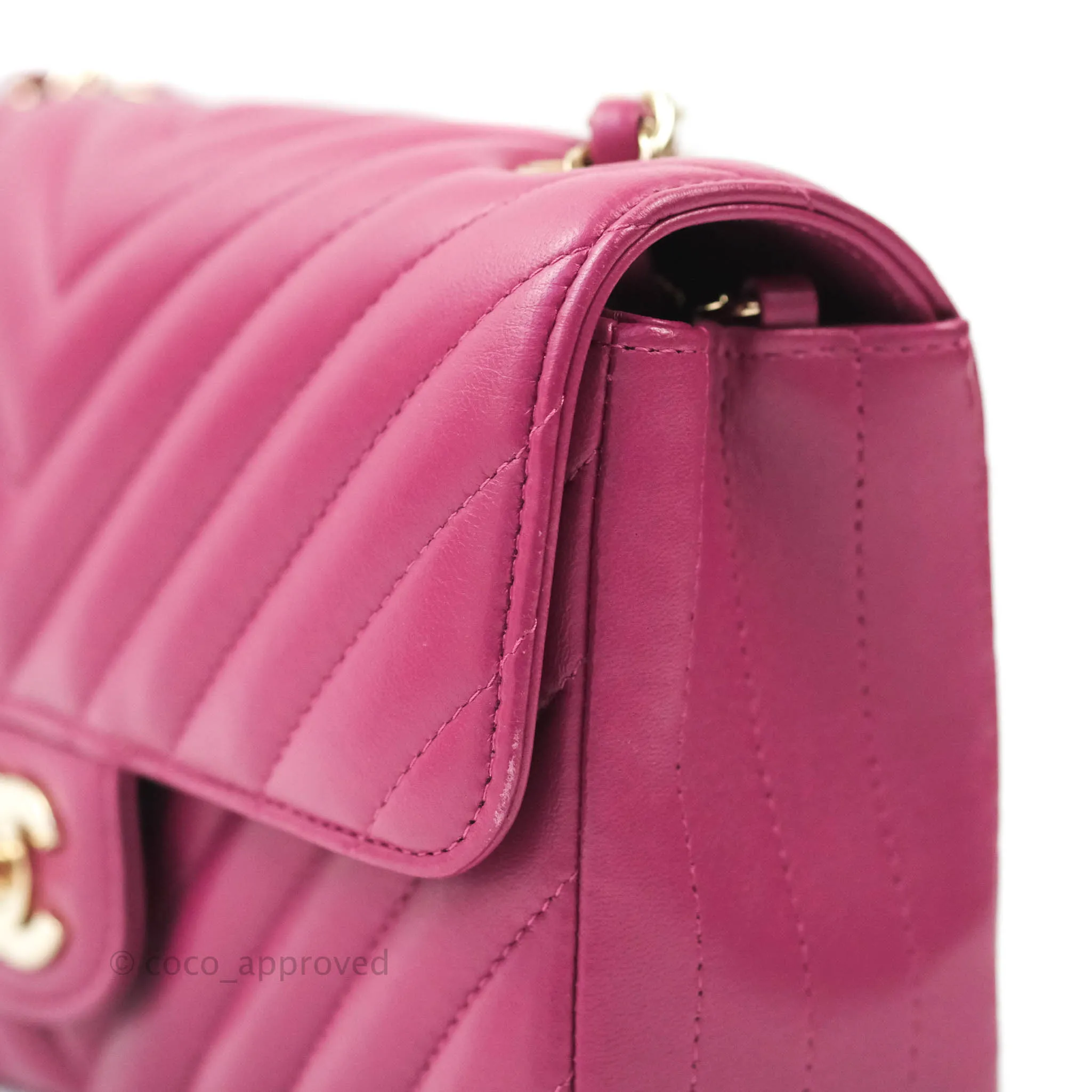 Chanel Chevron Mini Rectangular Lambskin Flap Bag Dark Pink Gold Hardware