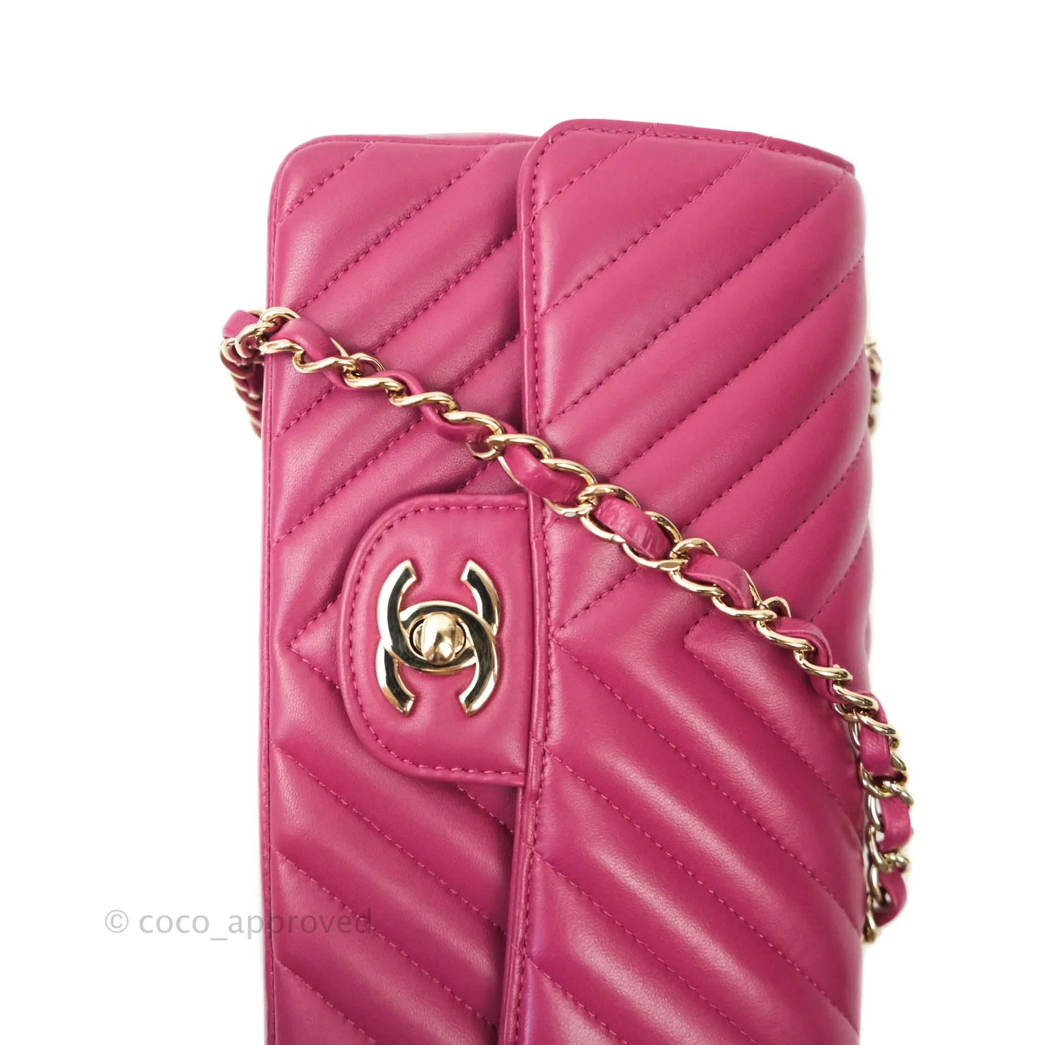 Chanel Chevron Mini Rectangular Lambskin Flap Bag Dark Pink Gold Hardware