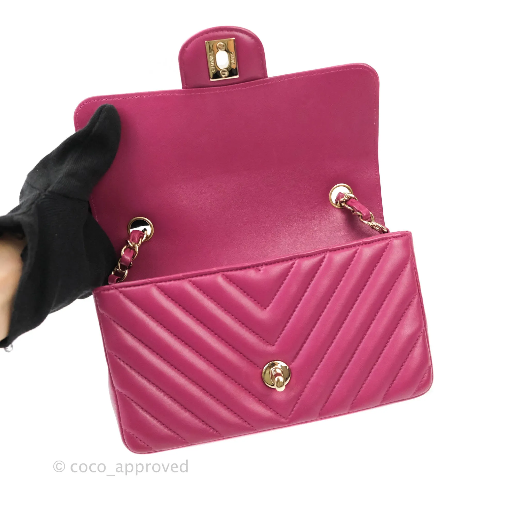 Chanel Chevron Mini Rectangular Lambskin Flap Bag Dark Pink Gold Hardware