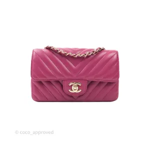 Chanel Chevron Mini Rectangular Lambskin Flap Bag Dark Pink Gold Hardware