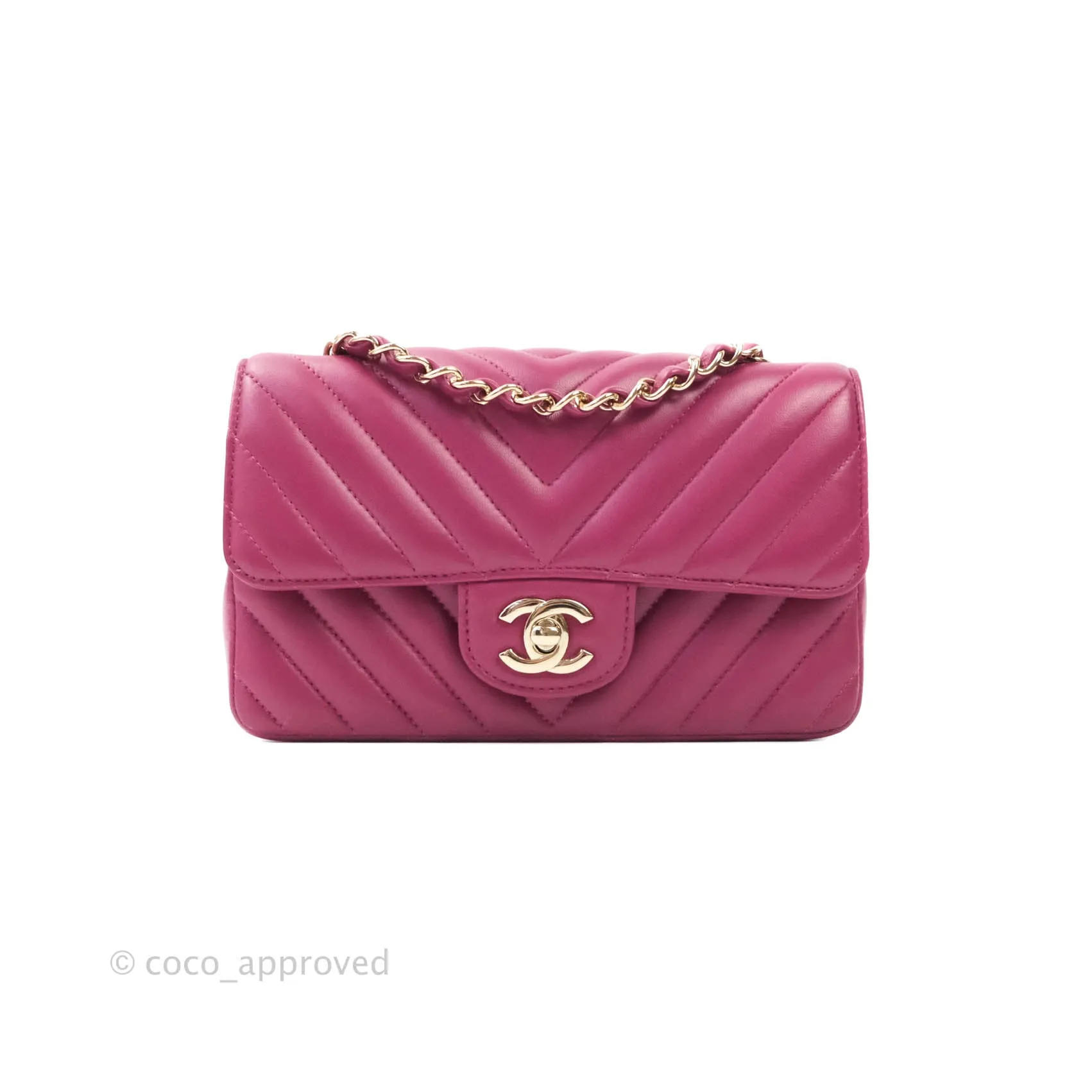 Chanel Chevron Mini Rectangular Lambskin Flap Bag Dark Pink Gold Hardware