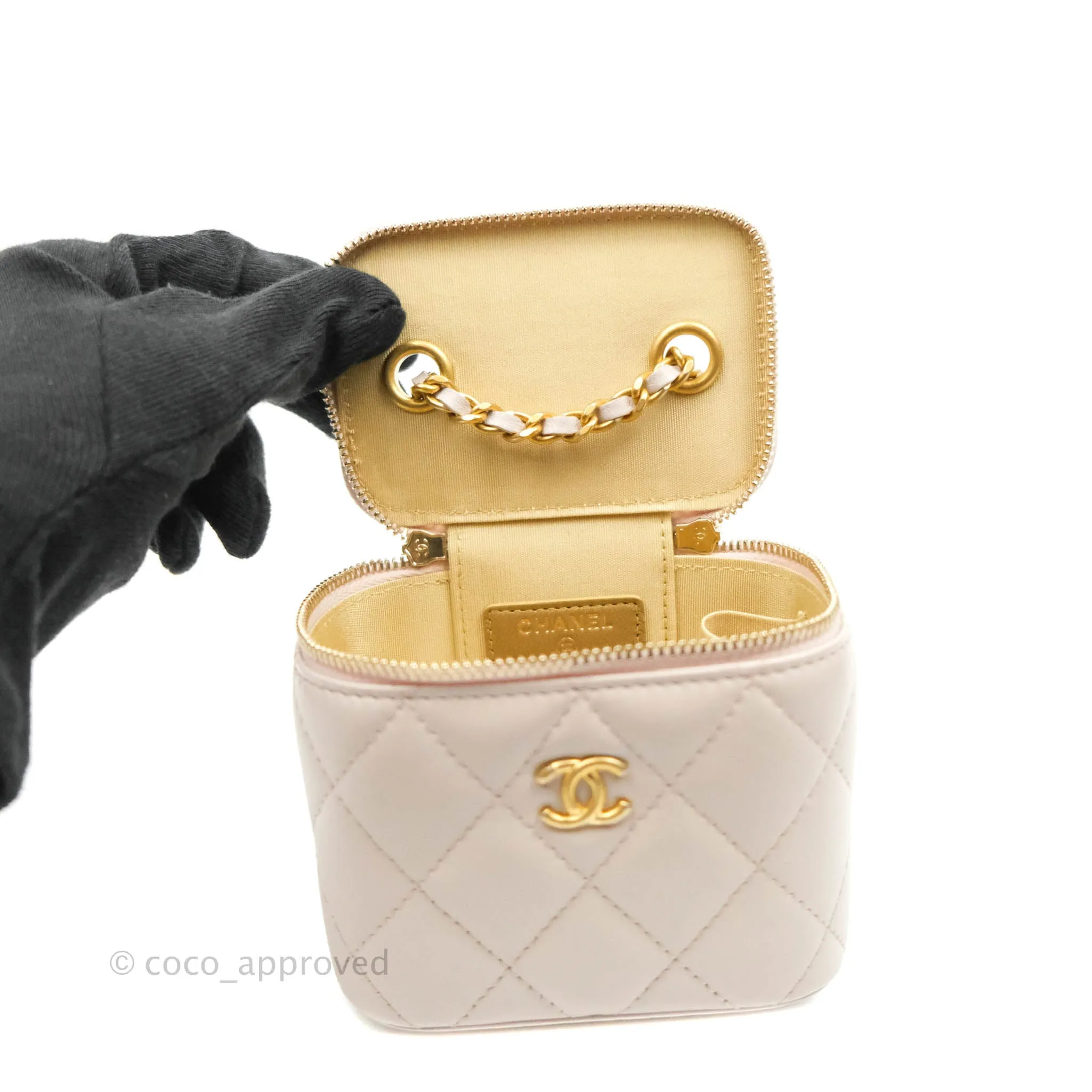 Chanel Classic Mini Pearl Crush Vanity With Chain Lilac Pink Lambskin Aged Gold Hardware