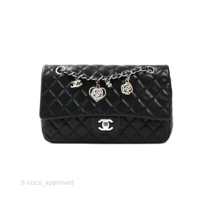 Chanel Classic M/L Medium Flap Bag Valentine Limited Edition Black Lambskin Silver Hardware