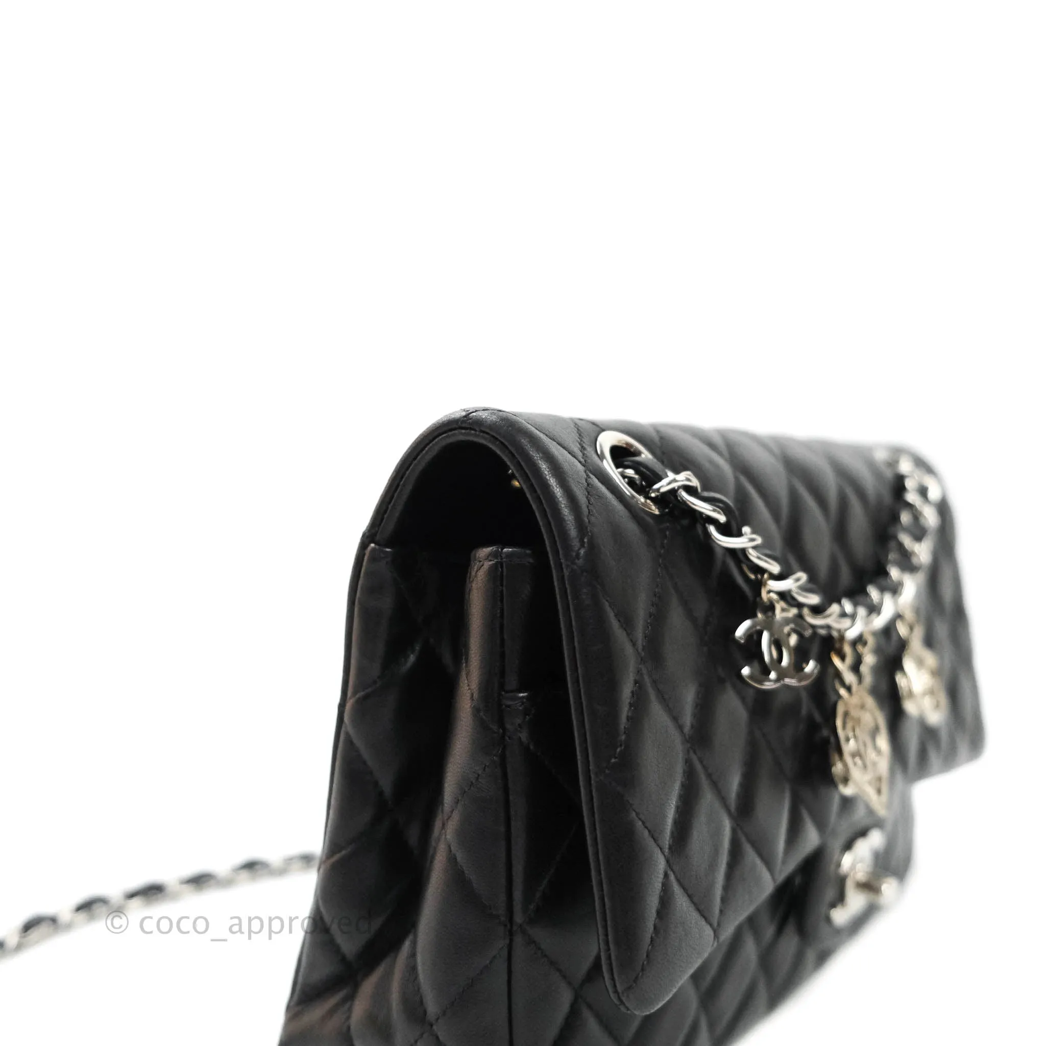 Chanel Classic M/L Medium Flap Bag Valentine Limited Edition Black Lambskin Silver Hardware