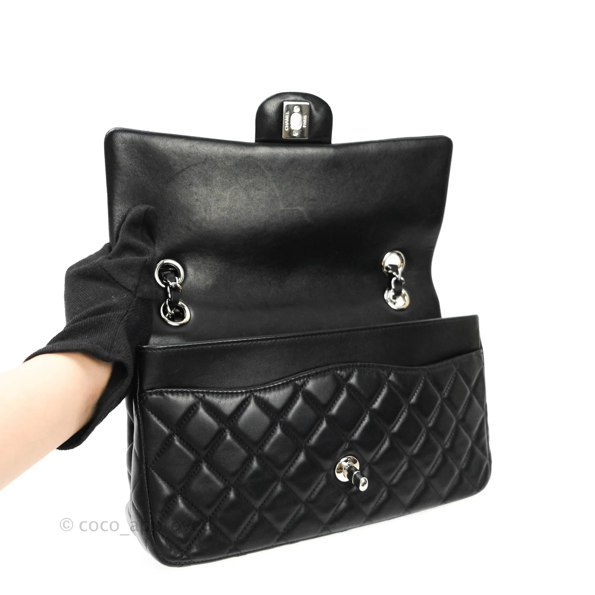 Chanel Classic M/L Medium Flap Bag Valentine Limited Edition Black Lambskin Silver Hardware