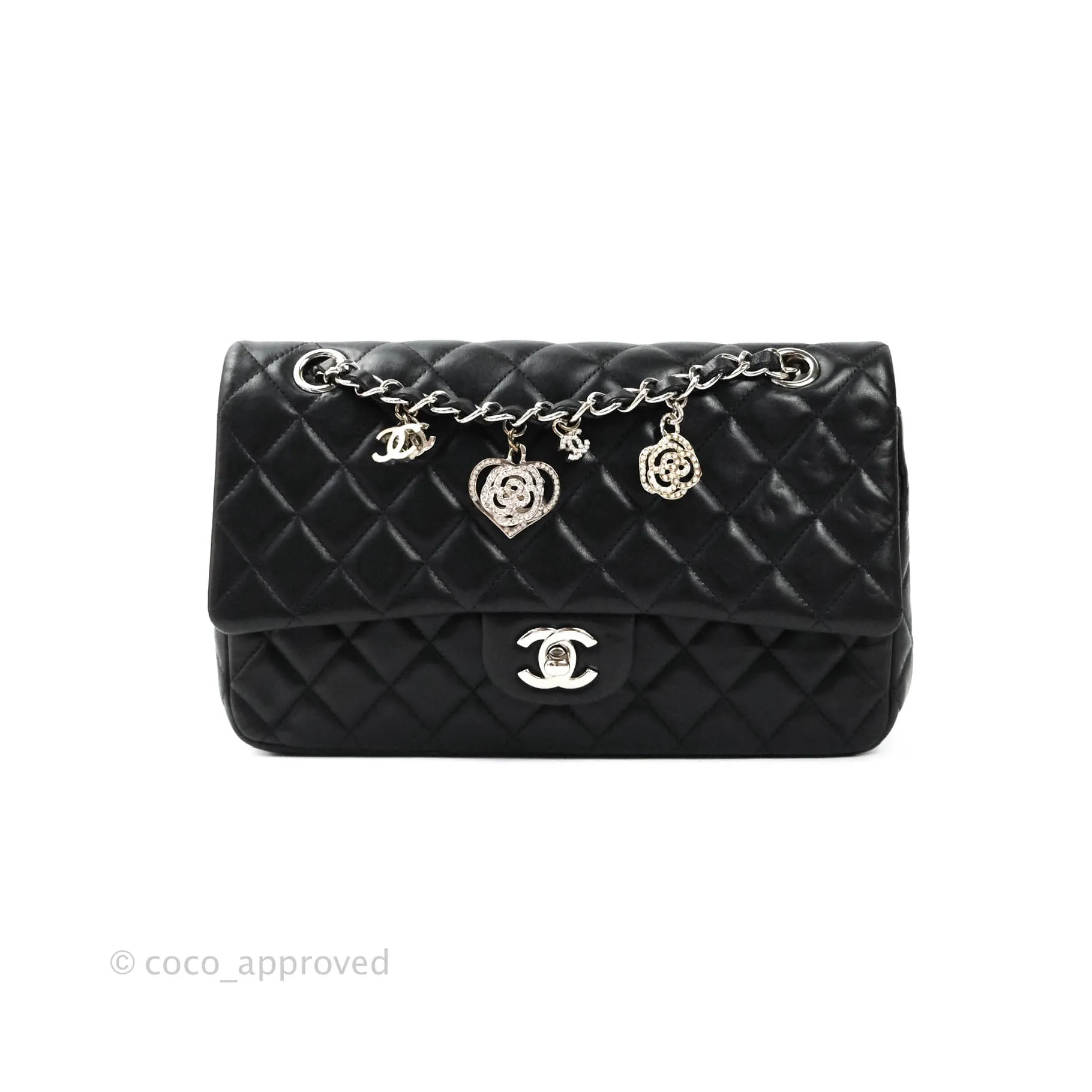 Chanel Classic M/L Medium Flap Bag Valentine Limited Edition Black Lambskin Silver Hardware