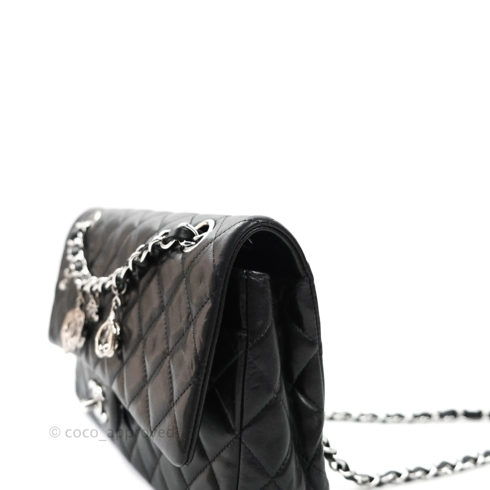 Chanel Classic M/L Medium Flap Bag Valentine Limited Edition Black Lambskin Silver Hardware