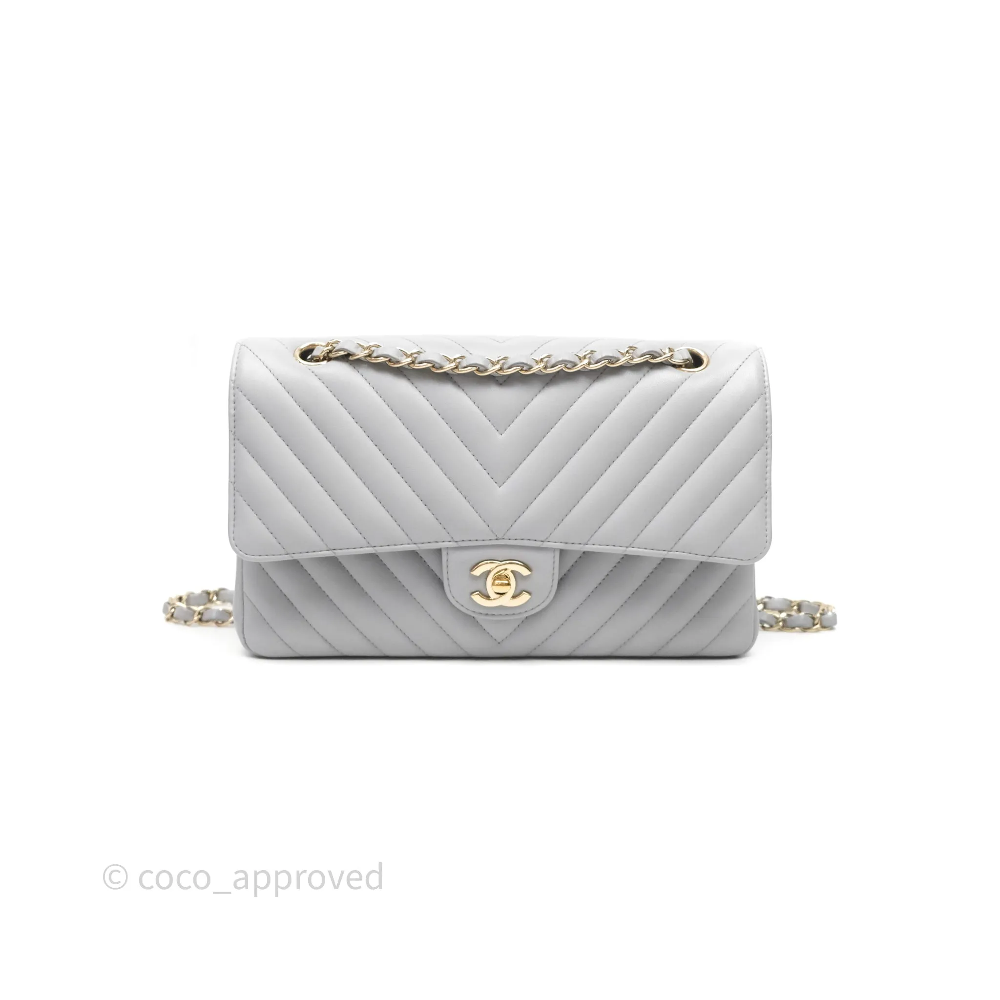 Chanel Classic M/L Medium Flap Chevron Grey Lambskin Gold Hardware