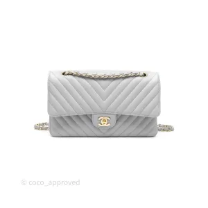 Chanel Classic M/L Medium Flap Chevron Grey Lambskin Gold Hardware