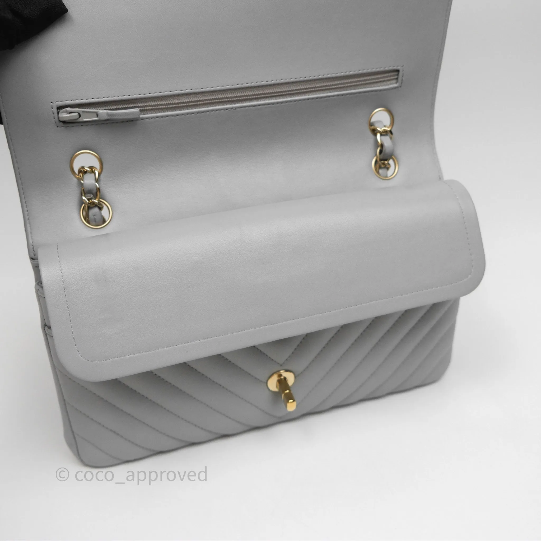 Chanel Classic M/L Medium Flap Chevron Grey Lambskin Gold Hardware