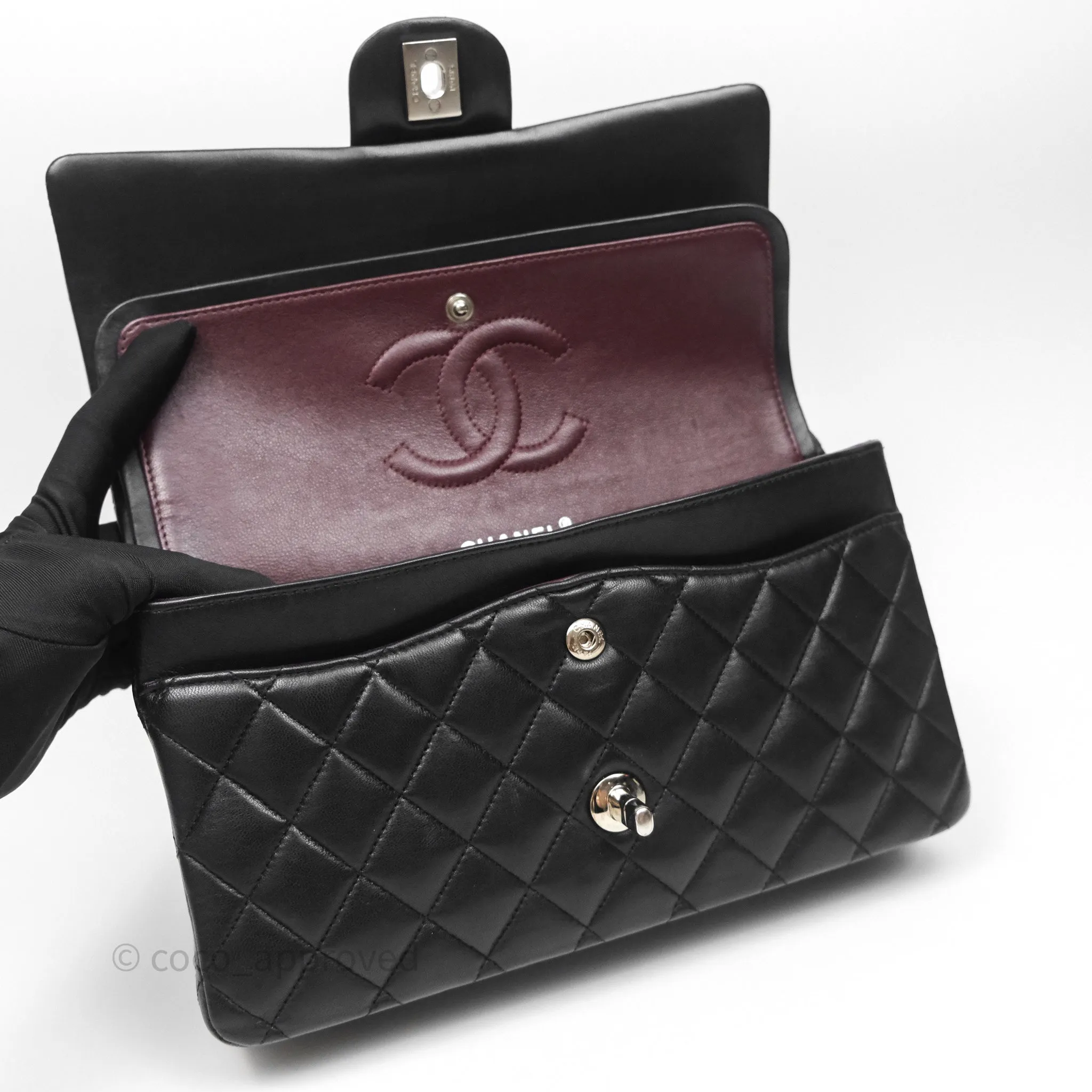 Chanel Classic M/L Medium Flap Quilted Black Lambskin Silver Hardware