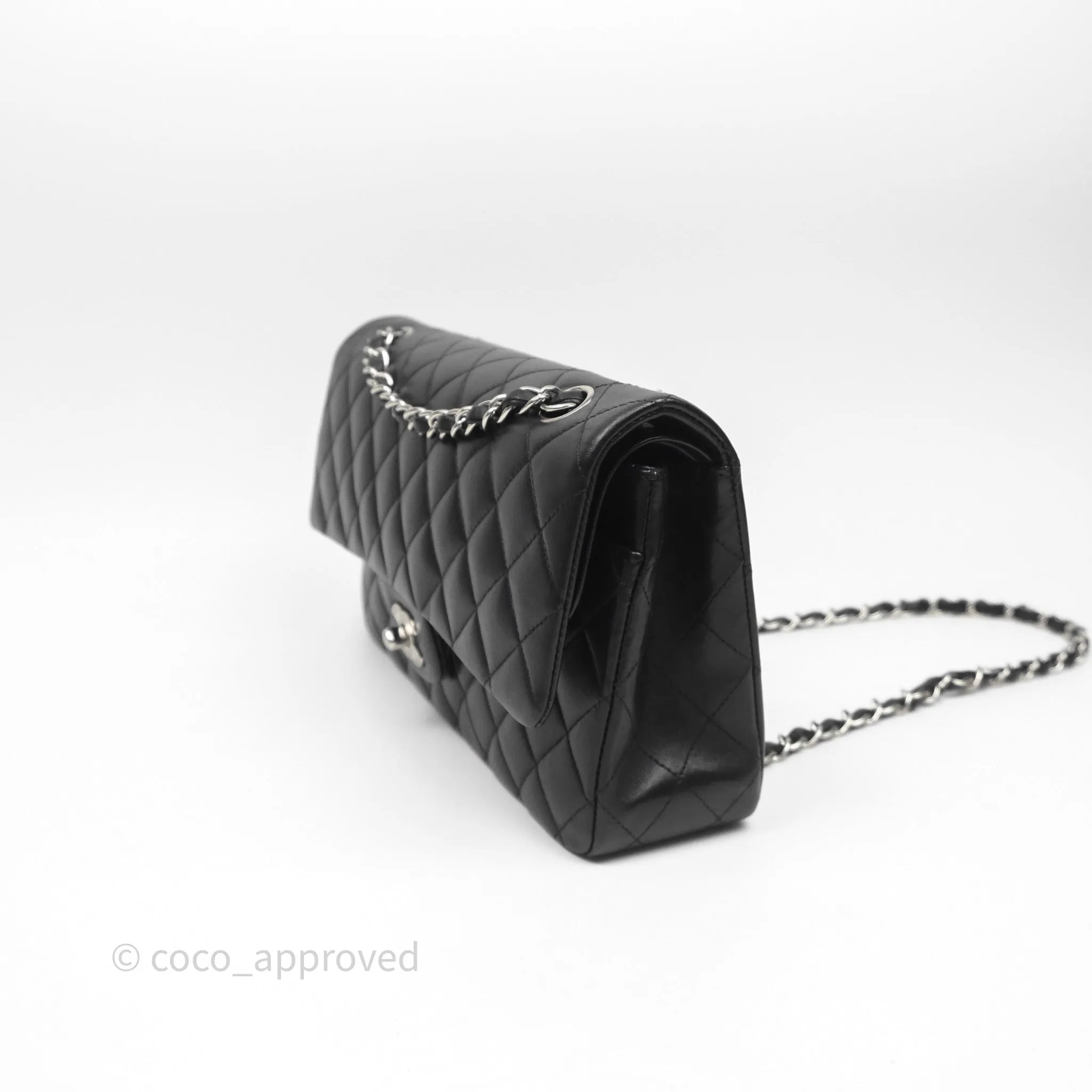 Chanel Classic M/L Medium Flap Quilted Black Lambskin Silver Hardware
