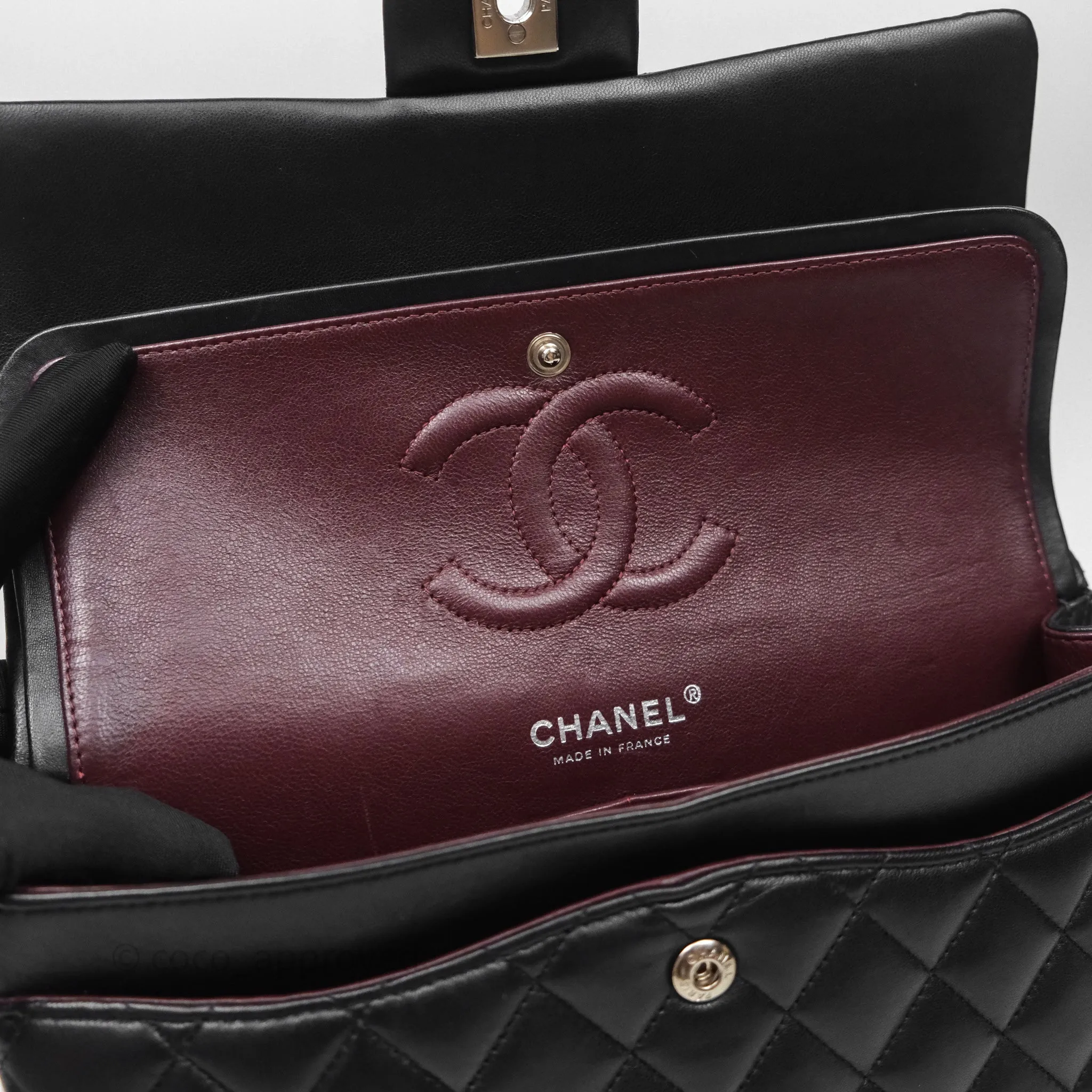 Chanel Classic M/L Medium Flap Quilted Black Lambskin Silver Hardware