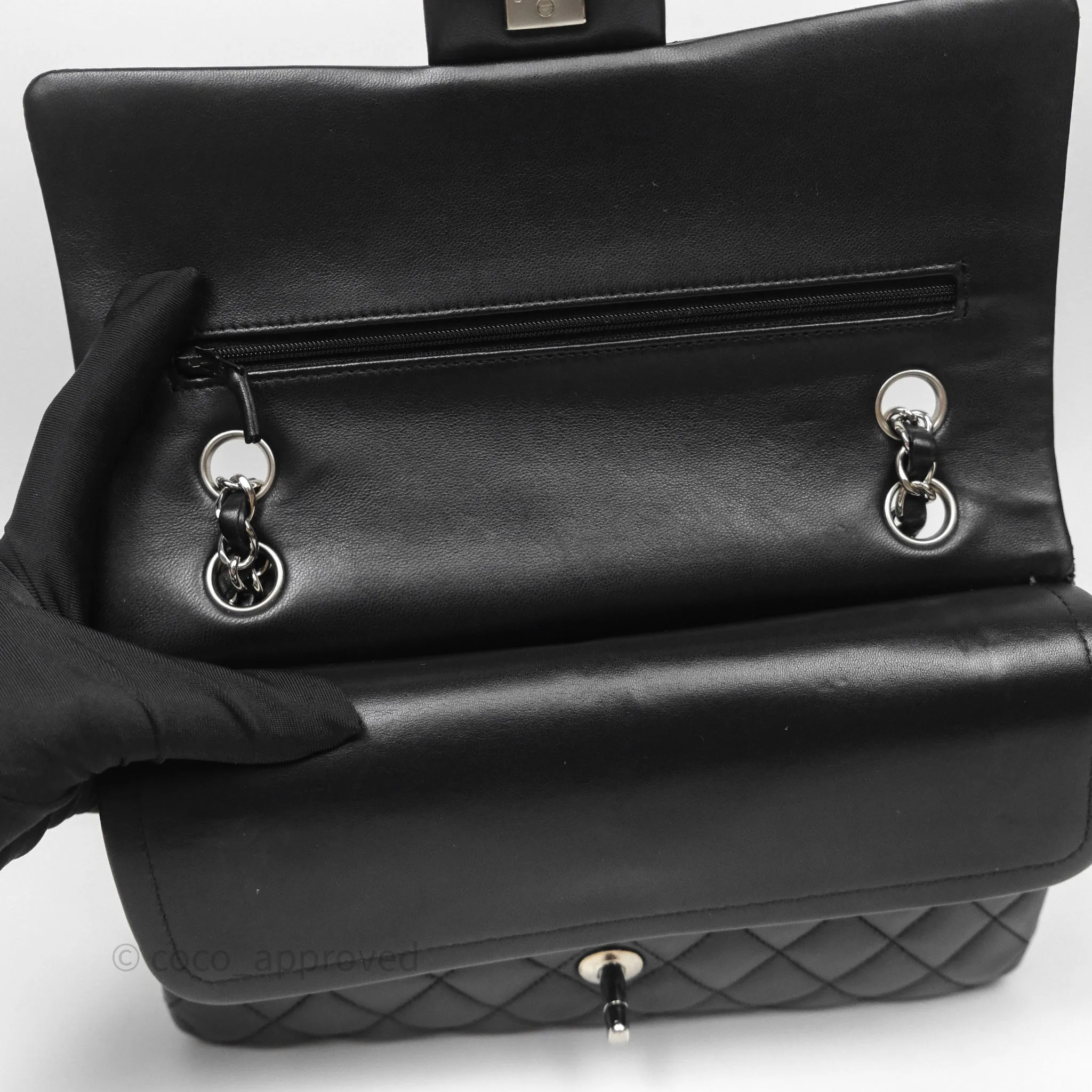 Chanel Classic M/L Medium Flap Quilted Black Lambskin Silver Hardware