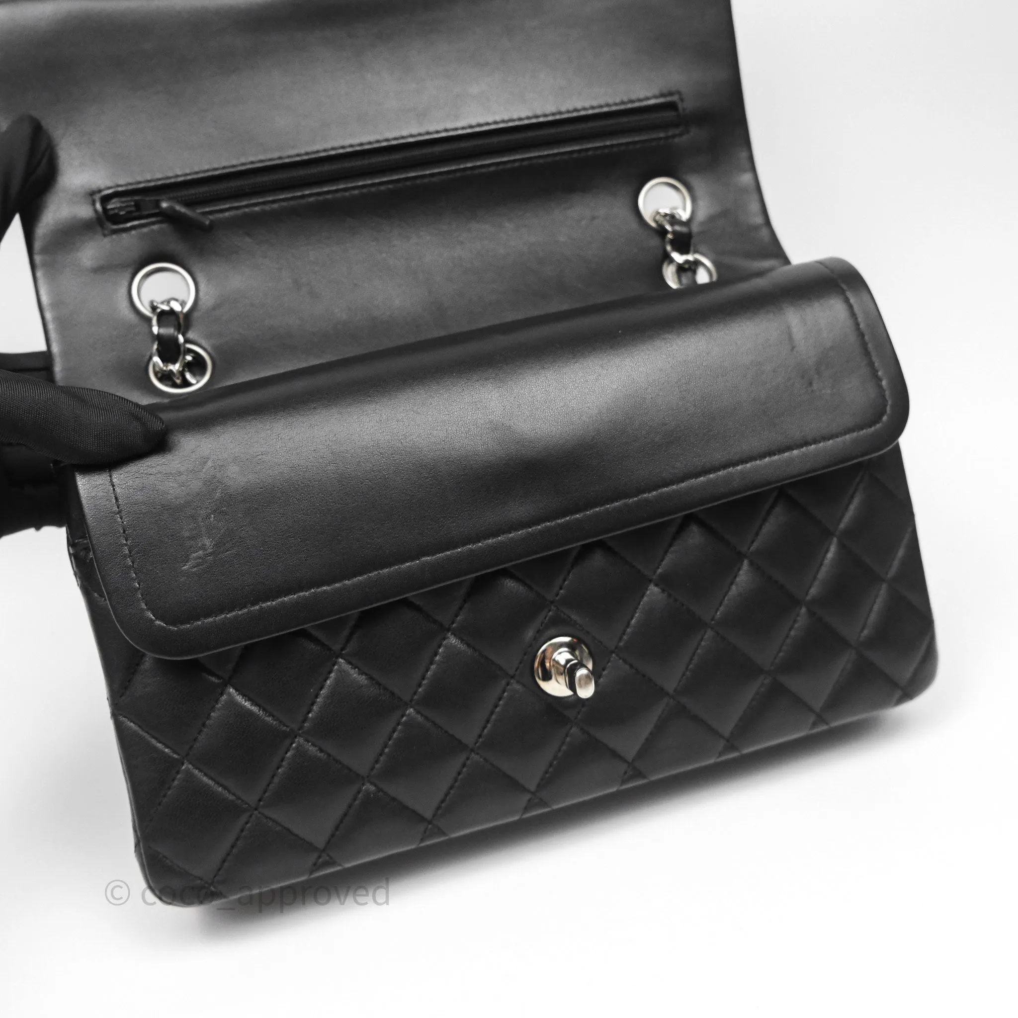 Chanel Classic M/L Medium Flap Quilted Black Lambskin Silver Hardware
