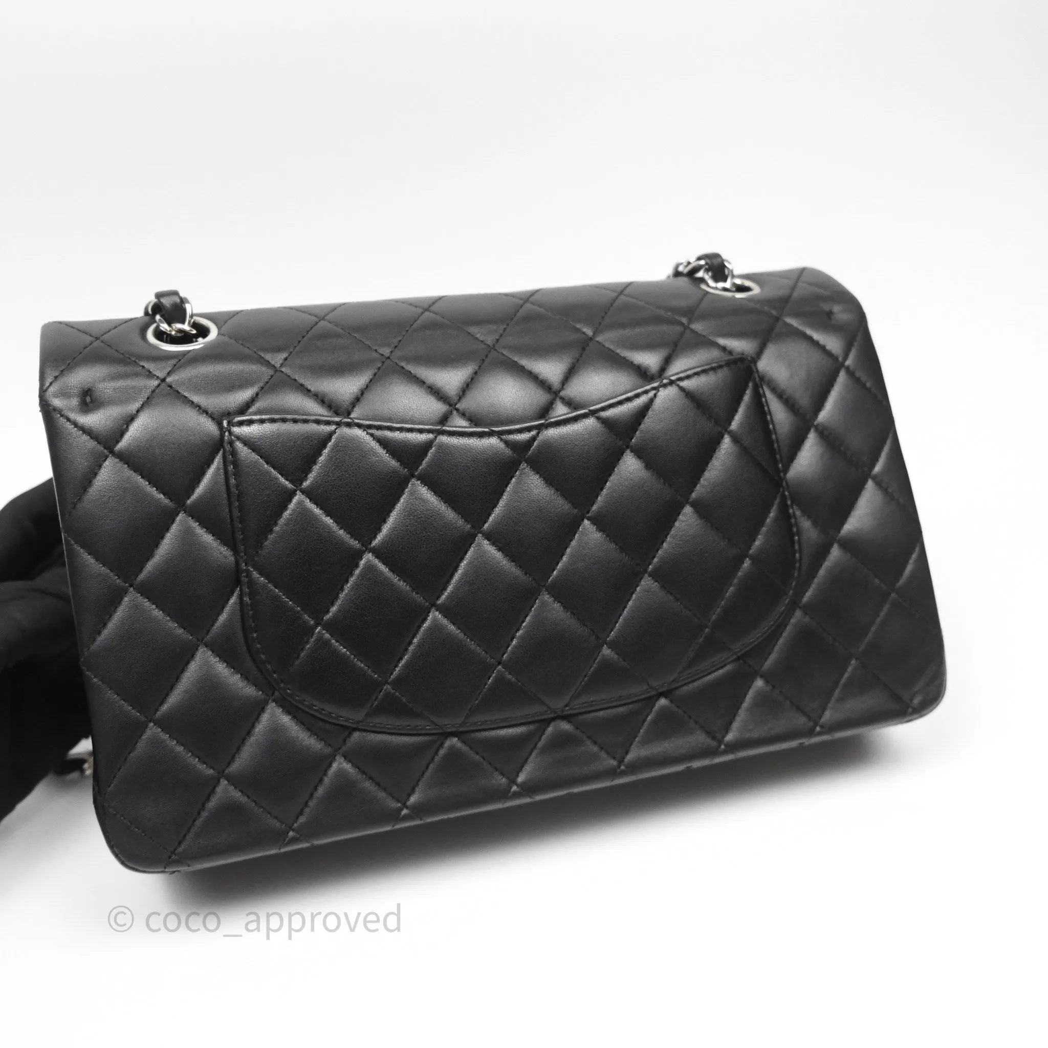 Chanel Classic M/L Medium Flap Quilted Black Lambskin Silver Hardware