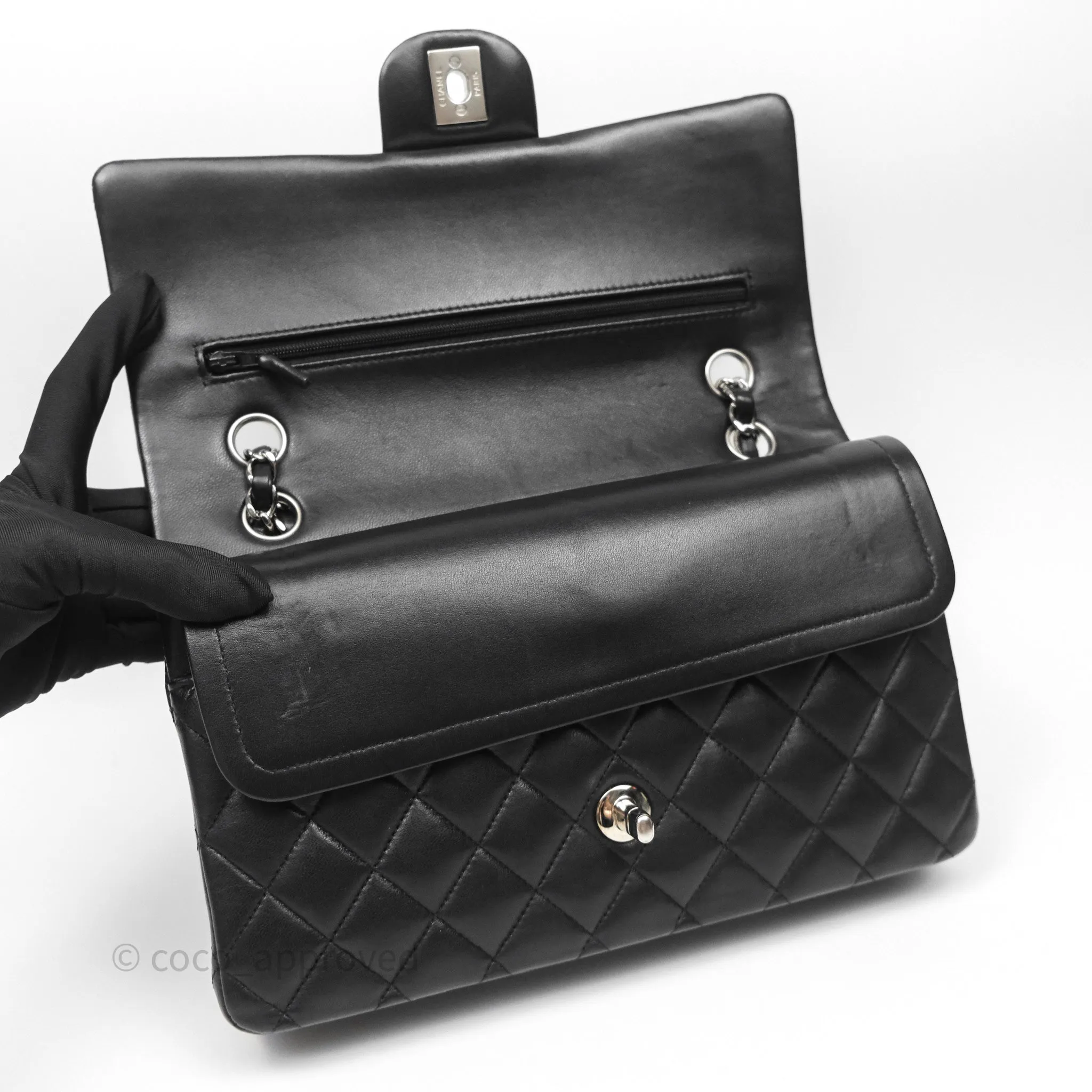 Chanel Classic M/L Medium Flap Quilted Black Lambskin Silver Hardware