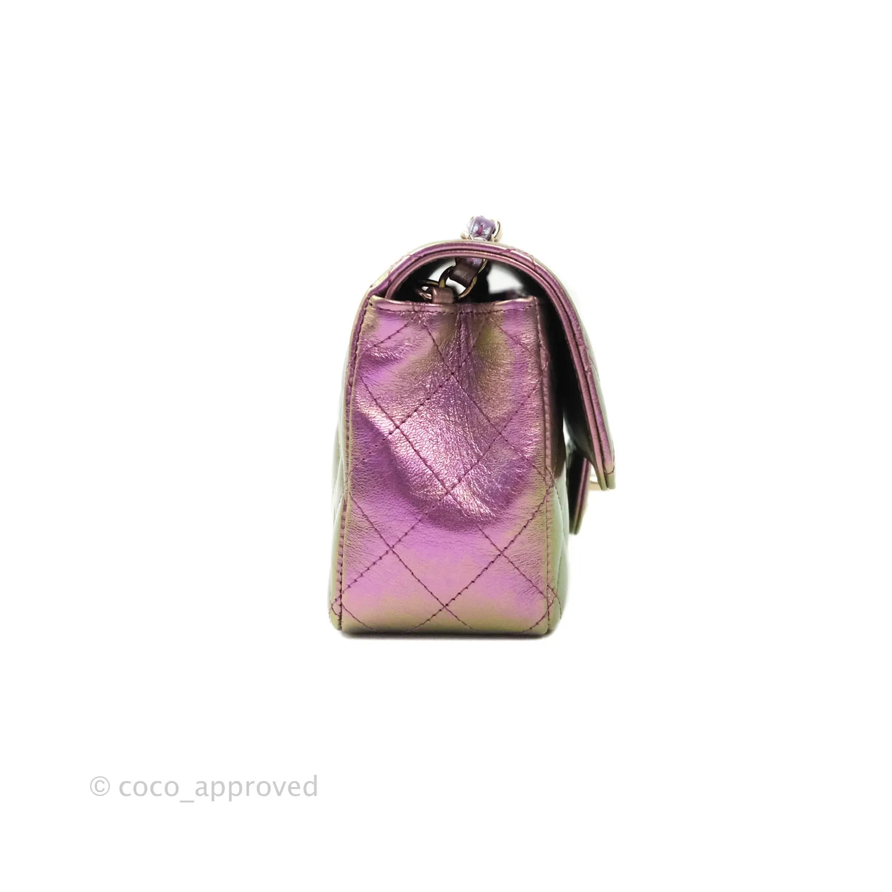 Chanel Classic Quilted Mini Rectangular Flap Metallic Purple Calfskin Gold Hardware