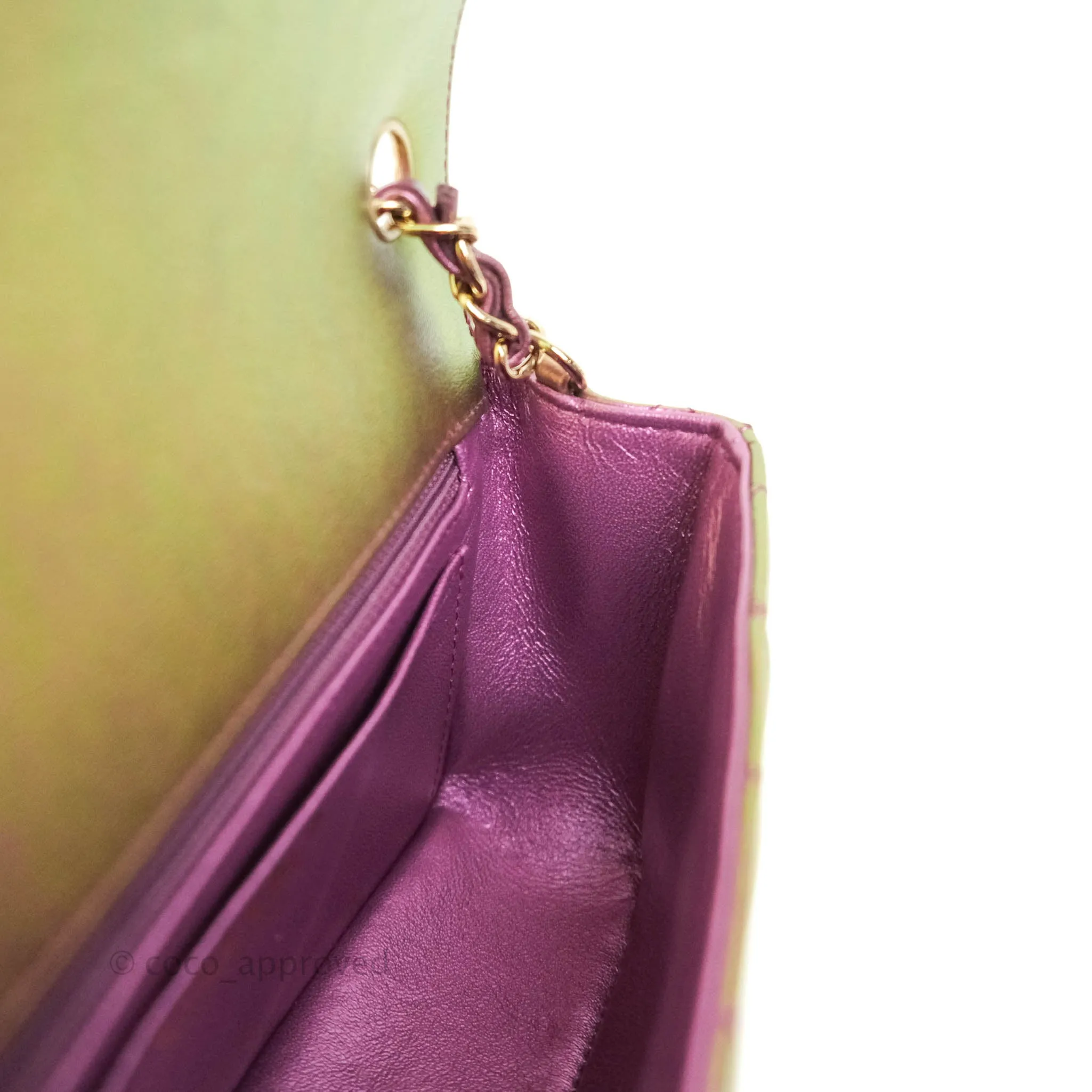 Chanel Classic Quilted Mini Rectangular Flap Metallic Purple Calfskin Gold Hardware