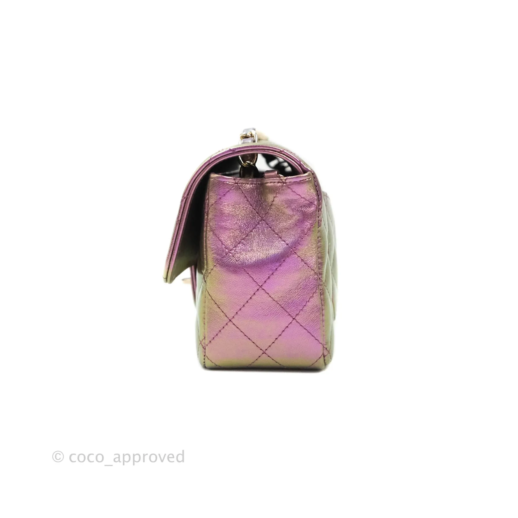 Chanel Classic Quilted Mini Rectangular Flap Metallic Purple Calfskin Gold Hardware