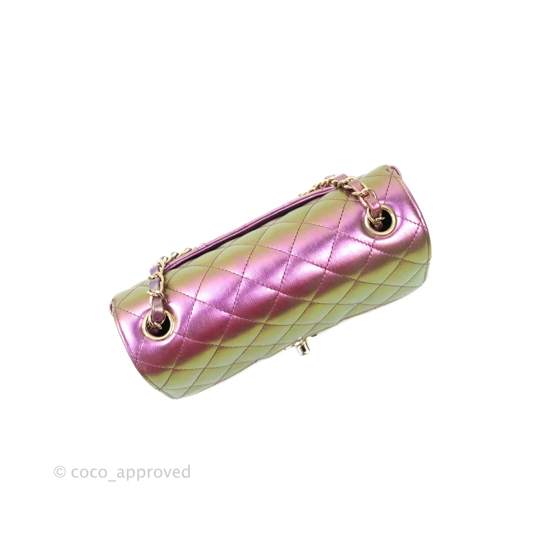 Chanel Classic Quilted Mini Rectangular Flap Metallic Purple Calfskin Gold Hardware