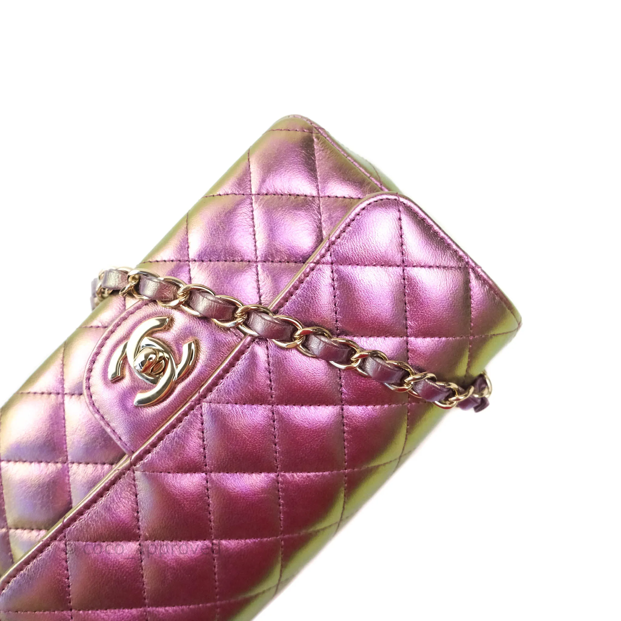 Chanel Classic Quilted Mini Rectangular Flap Metallic Purple Calfskin Gold Hardware