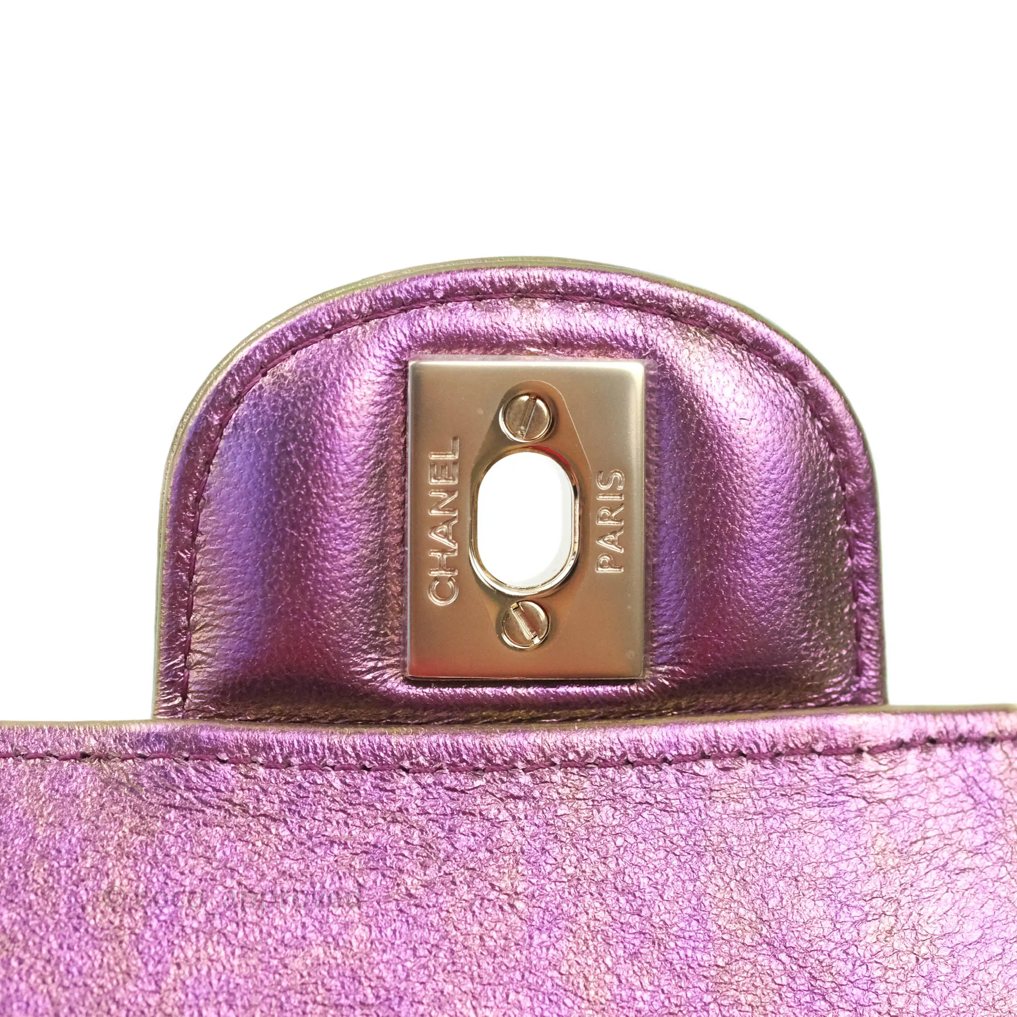 Chanel Classic Quilted Mini Rectangular Flap Metallic Purple Calfskin Gold Hardware