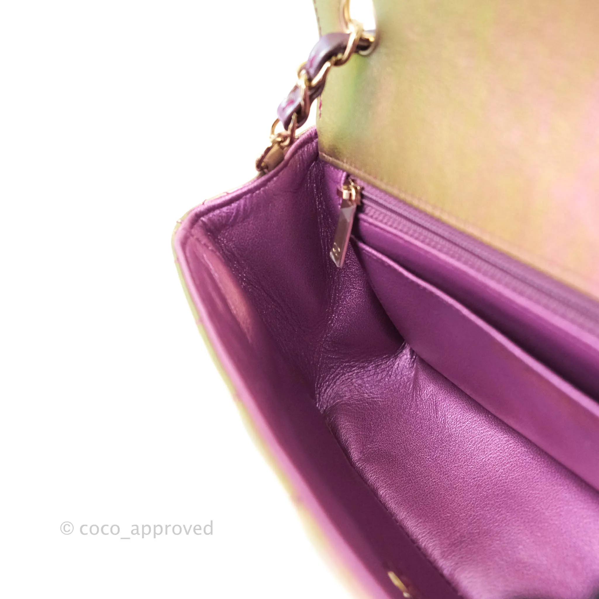 Chanel Classic Quilted Mini Rectangular Flap Metallic Purple Calfskin Gold Hardware