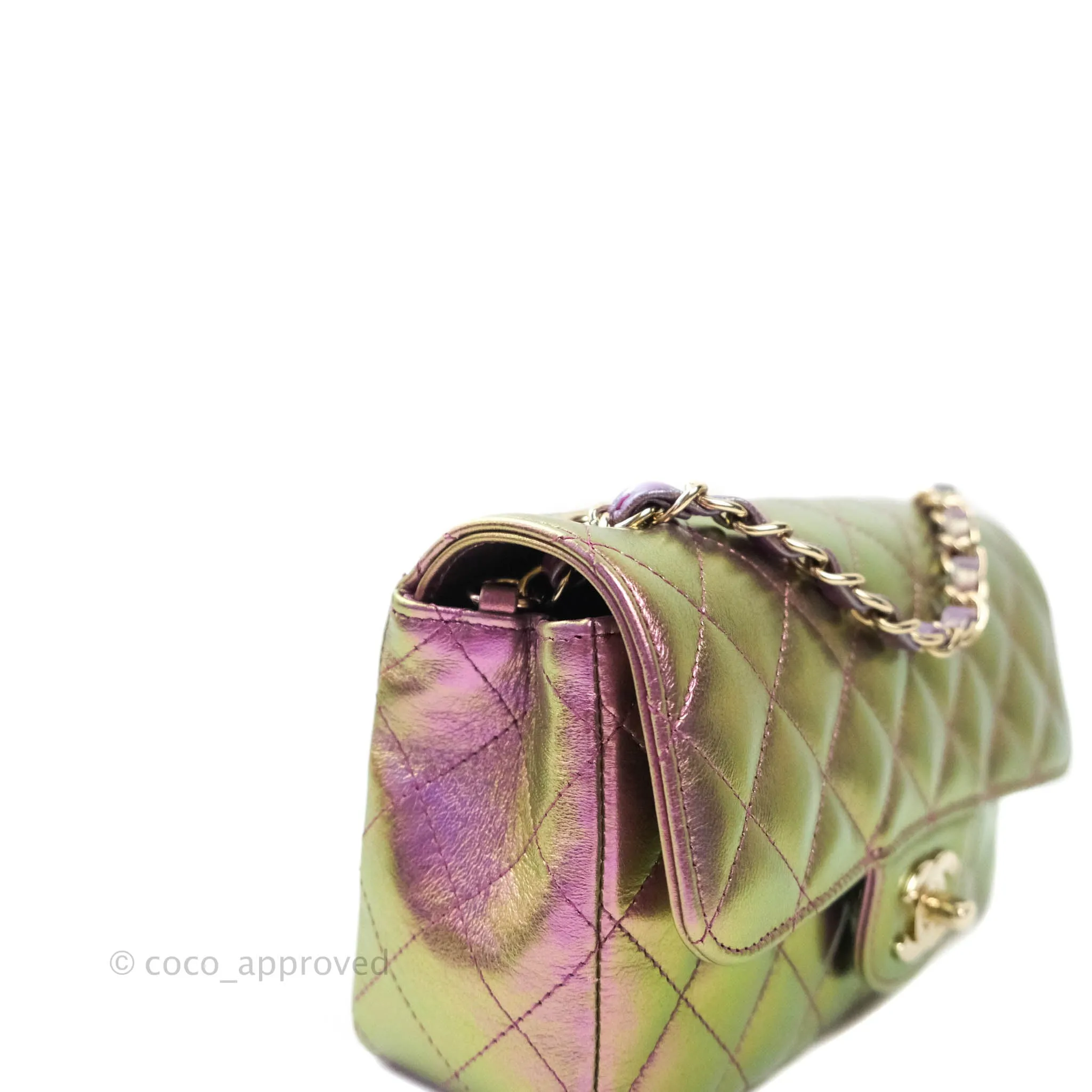 Chanel Classic Quilted Mini Rectangular Flap Metallic Purple Calfskin Gold Hardware