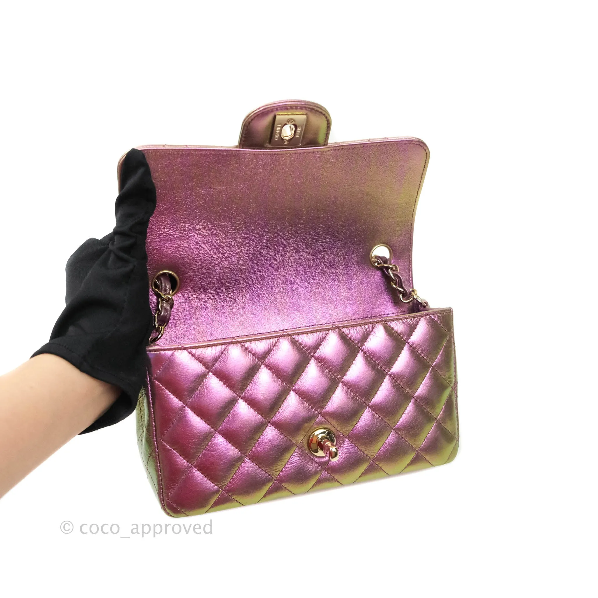 Chanel Classic Quilted Mini Rectangular Flap Metallic Purple Calfskin Gold Hardware