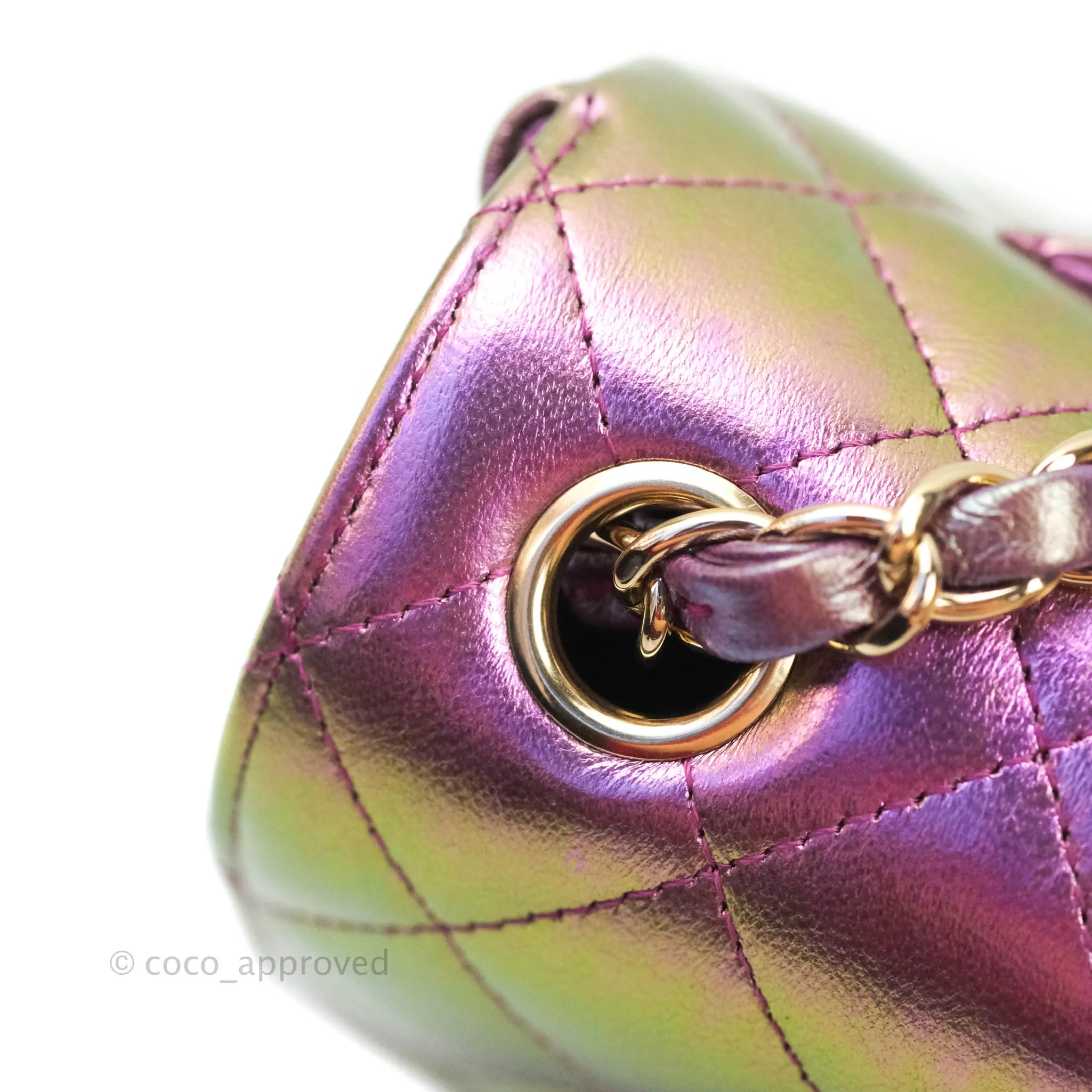 Chanel Classic Quilted Mini Rectangular Flap Metallic Purple Calfskin Gold Hardware
