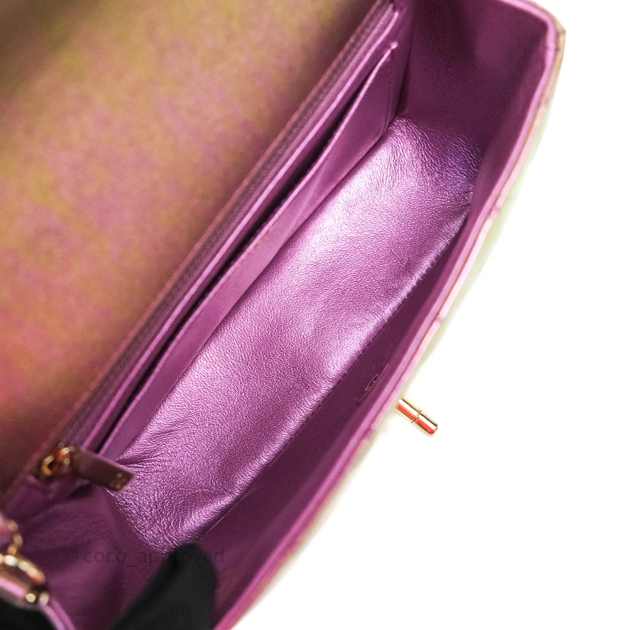 Chanel Classic Quilted Mini Rectangular Flap Metallic Purple Calfskin Gold Hardware