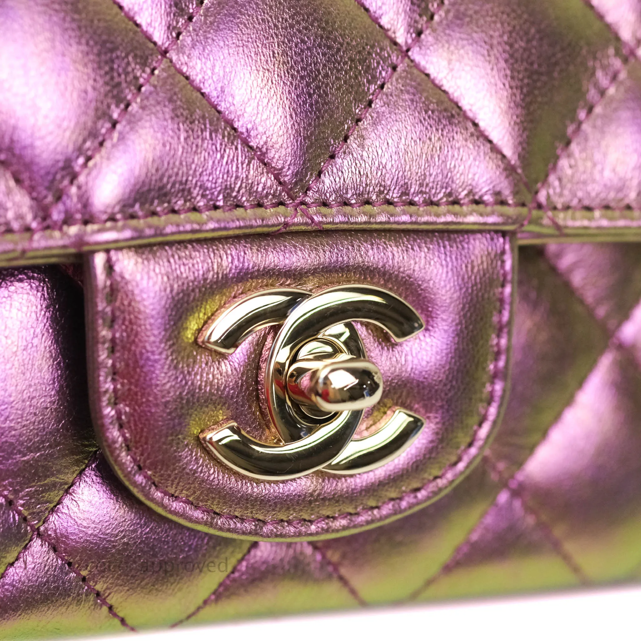 Chanel Classic Quilted Mini Rectangular Flap Metallic Purple Calfskin Gold Hardware