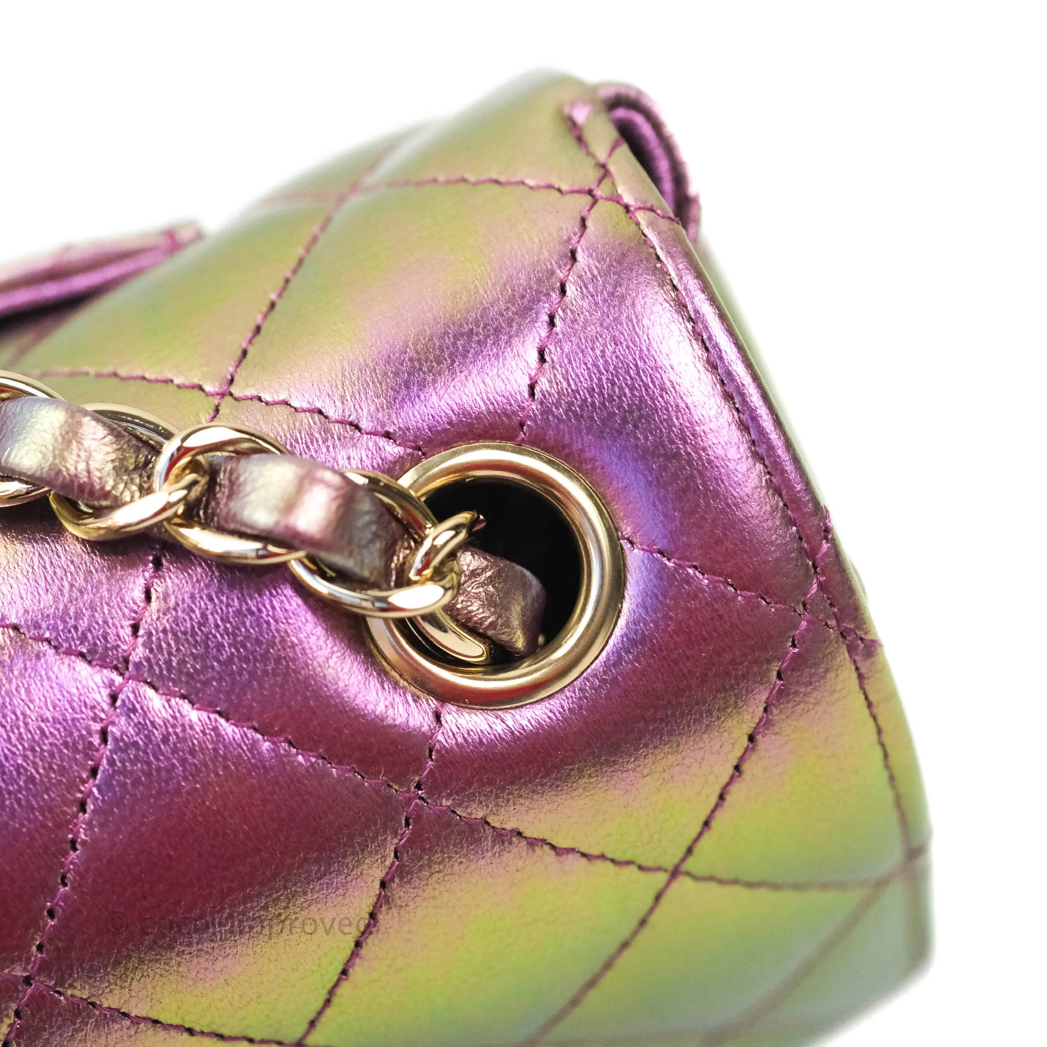Chanel Classic Quilted Mini Rectangular Flap Metallic Purple Calfskin Gold Hardware