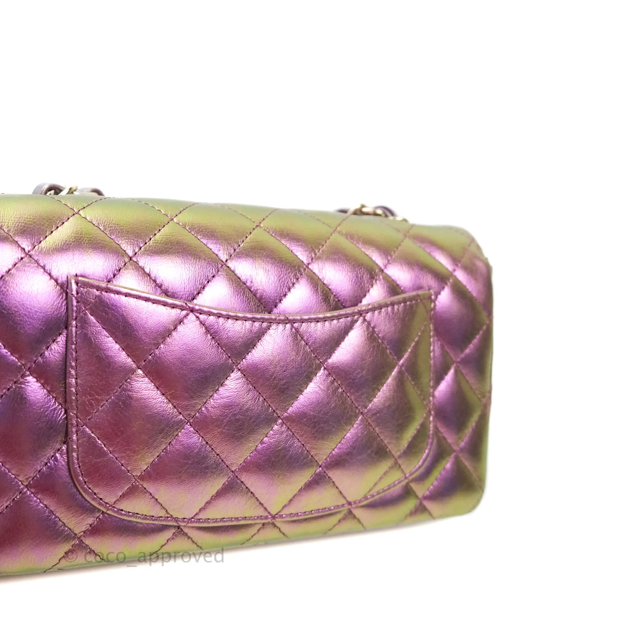 Chanel Classic Quilted Mini Rectangular Flap Metallic Purple Calfskin Gold Hardware