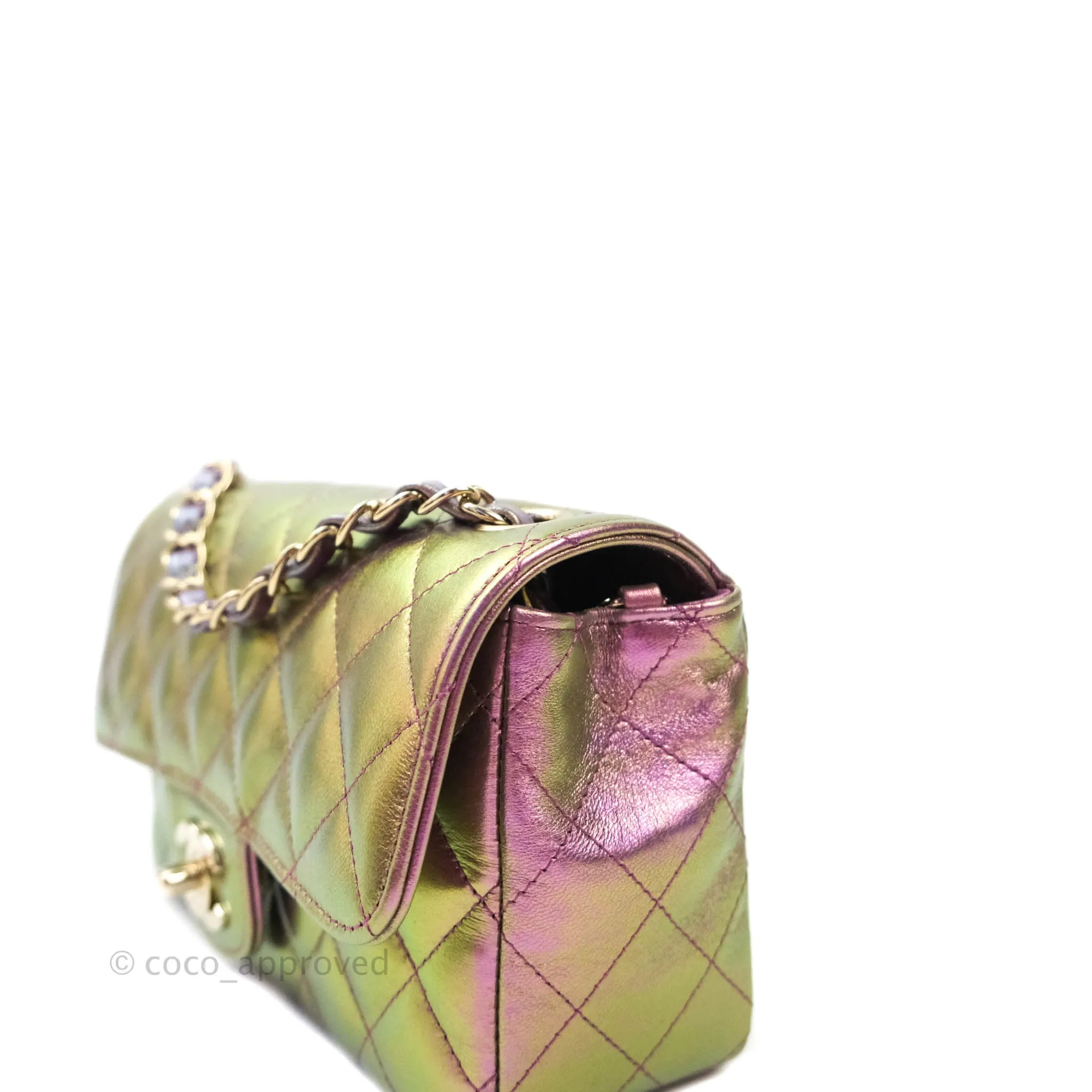 Chanel Classic Quilted Mini Rectangular Flap Metallic Purple Calfskin Gold Hardware