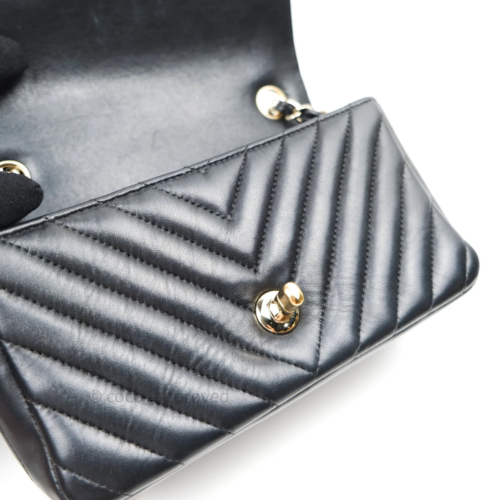 Chanel Lambskin Chevron Mini Rectangular Flap Black Gold Hardware