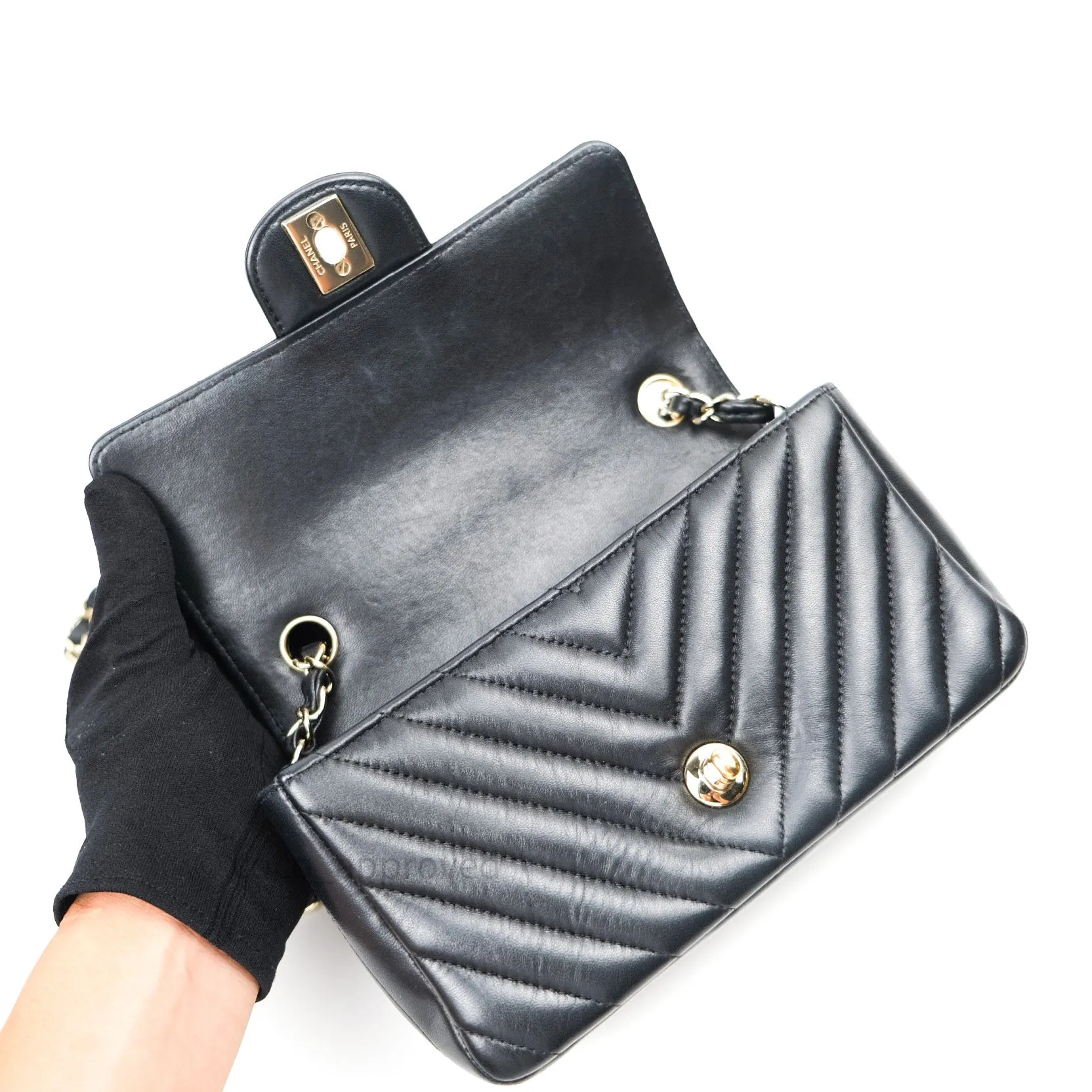 Chanel Lambskin Chevron Mini Rectangular Flap Black Gold Hardware