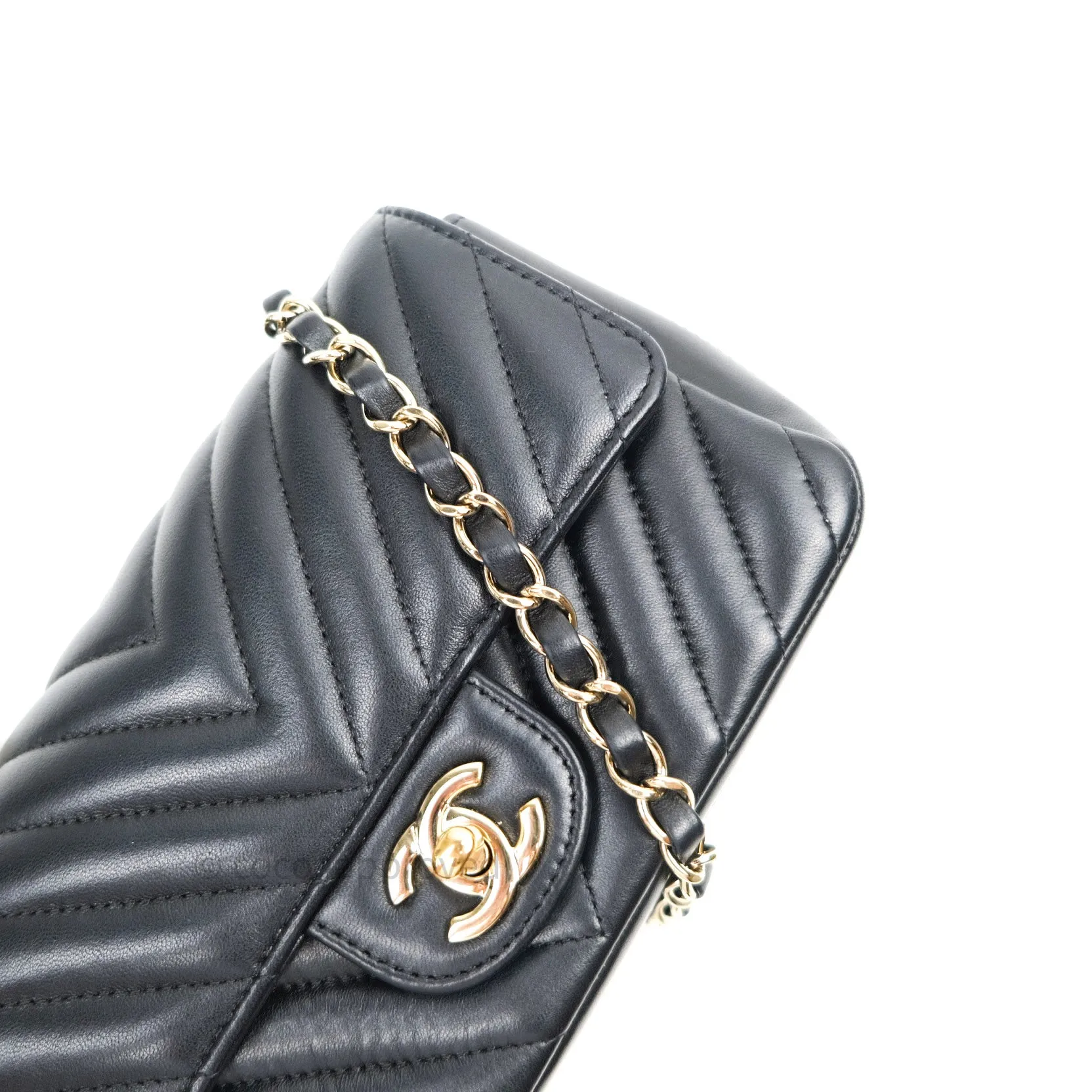 Chanel Lambskin Chevron Mini Rectangular Flap Black Gold Hardware