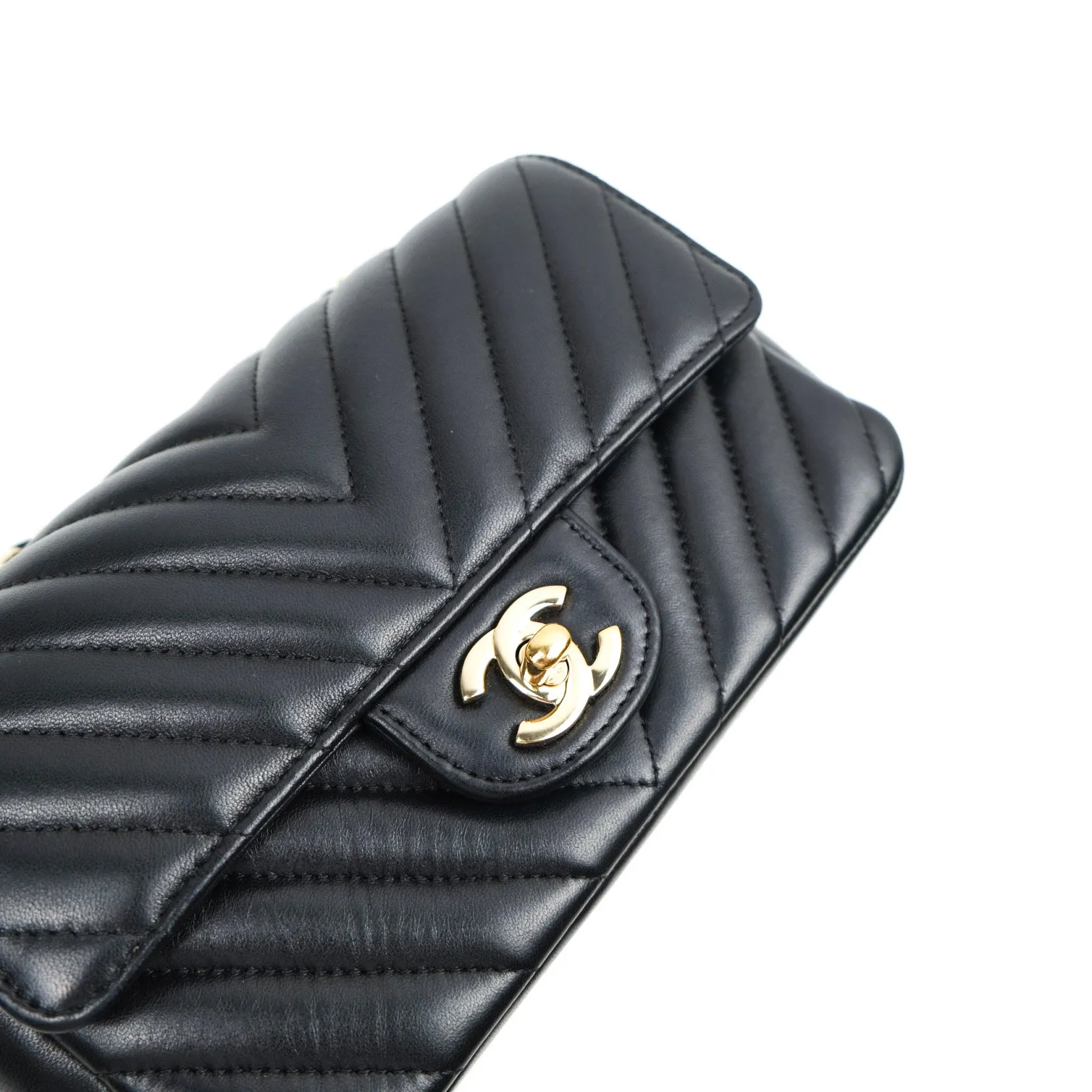 Chanel Lambskin Chevron Mini Rectangular Flap Black Gold Hardware