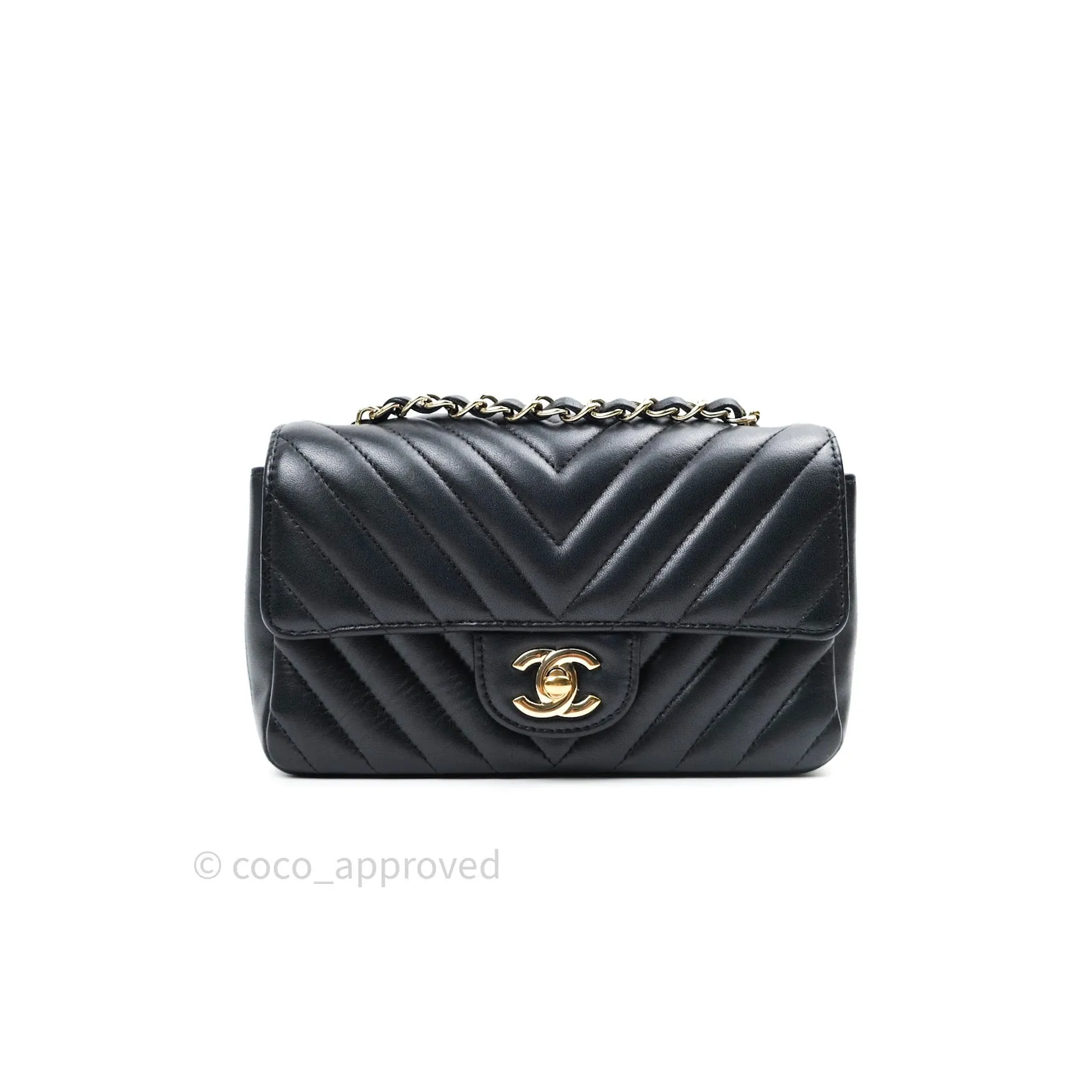 Chanel Lambskin Chevron Mini Rectangular Flap Black Gold Hardware