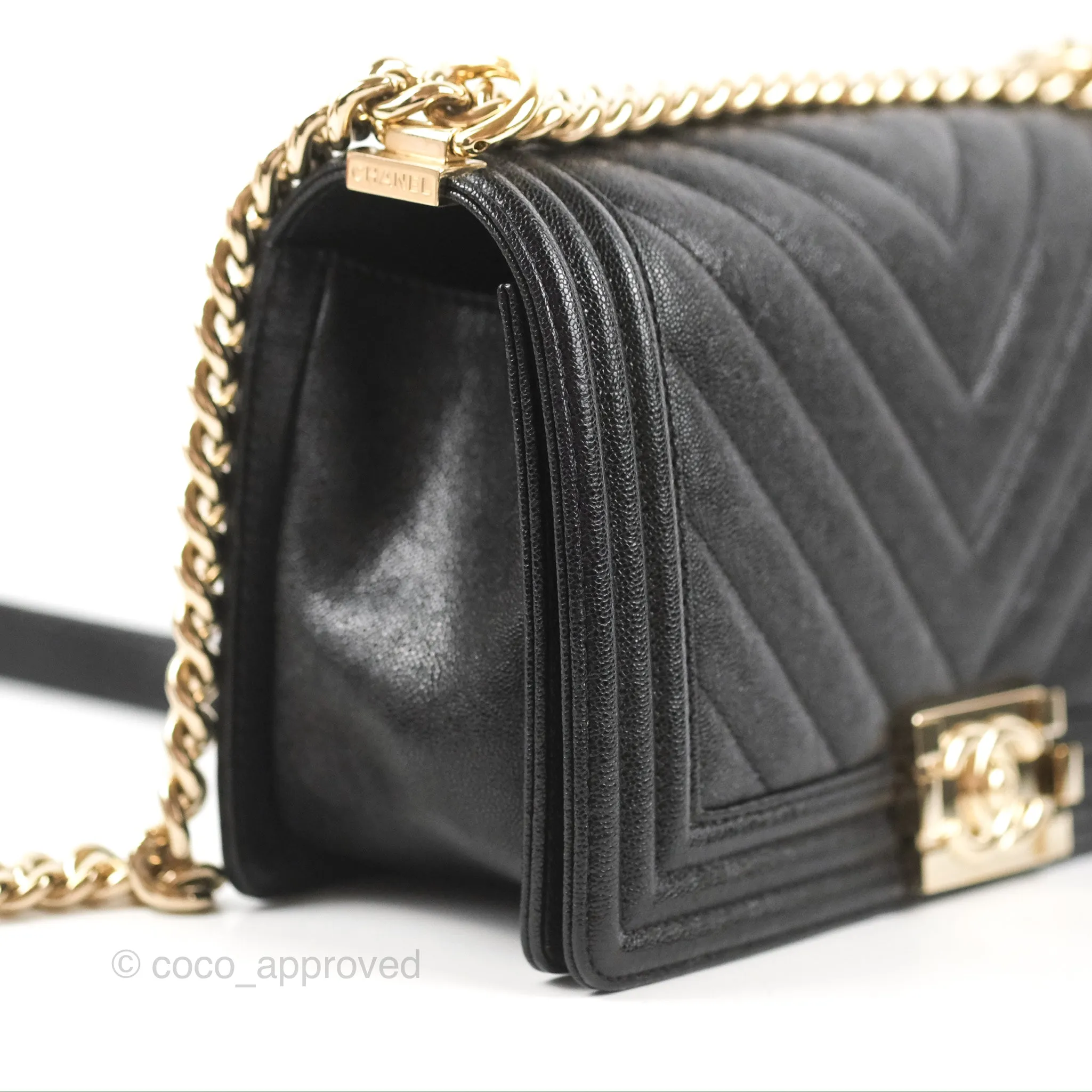 Chanel Medium Boy Chevron Black Caviar Gold Hardware