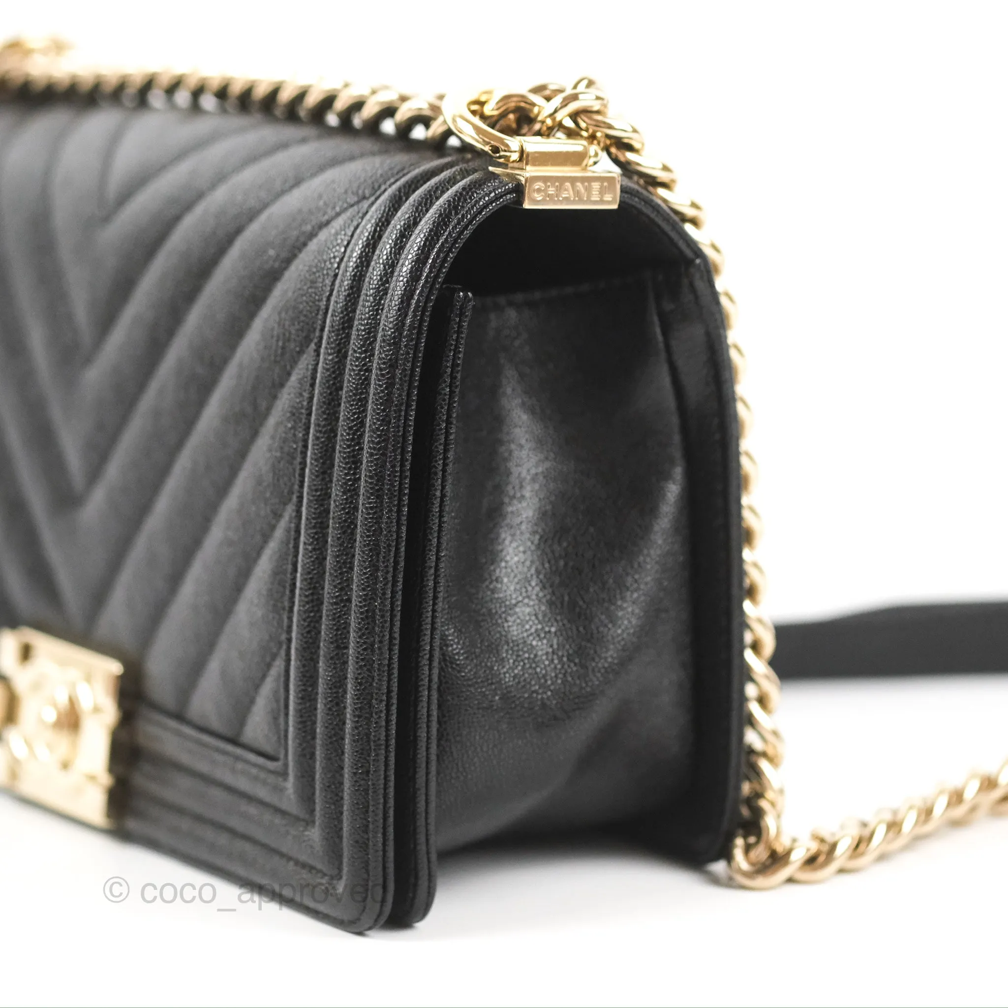 Chanel Medium Boy Chevron Black Caviar Gold Hardware