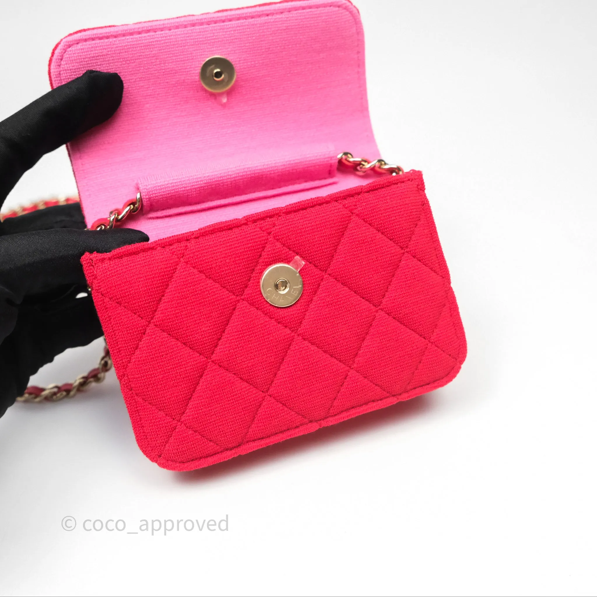 Chanel Mini Clutch With Chain Red Cotton Gold Hardware