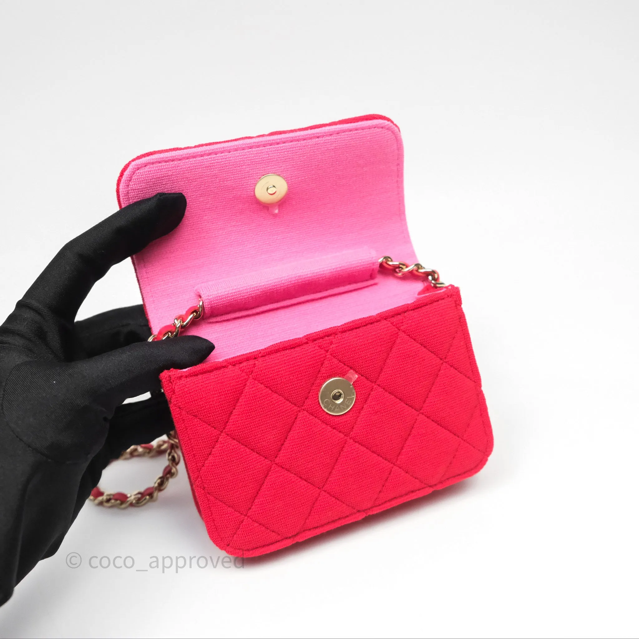 Chanel Mini Clutch With Chain Red Cotton Gold Hardware