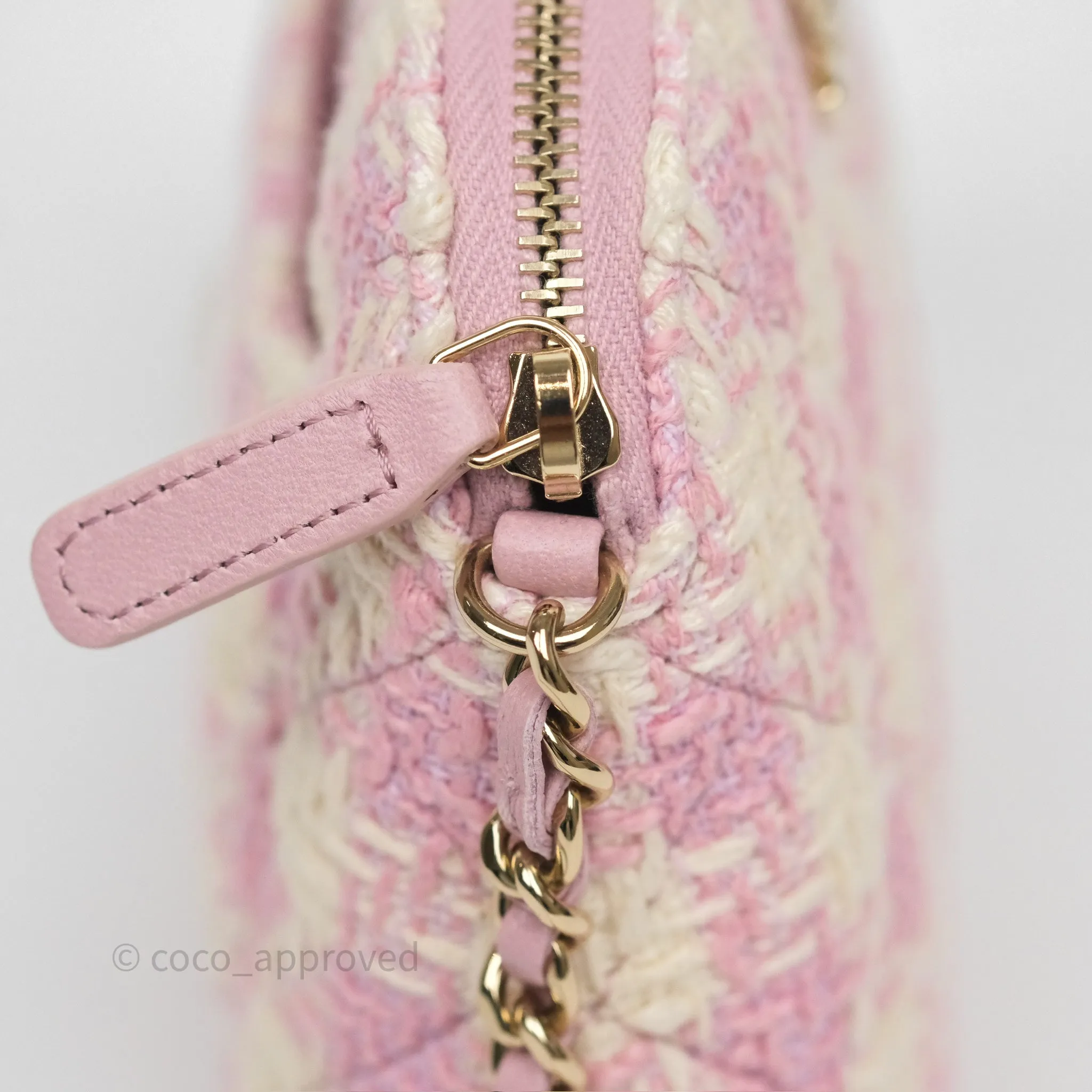 Chanel Mini Pouch On Chain White Pink Houndstooth Tweed Gold Hardware